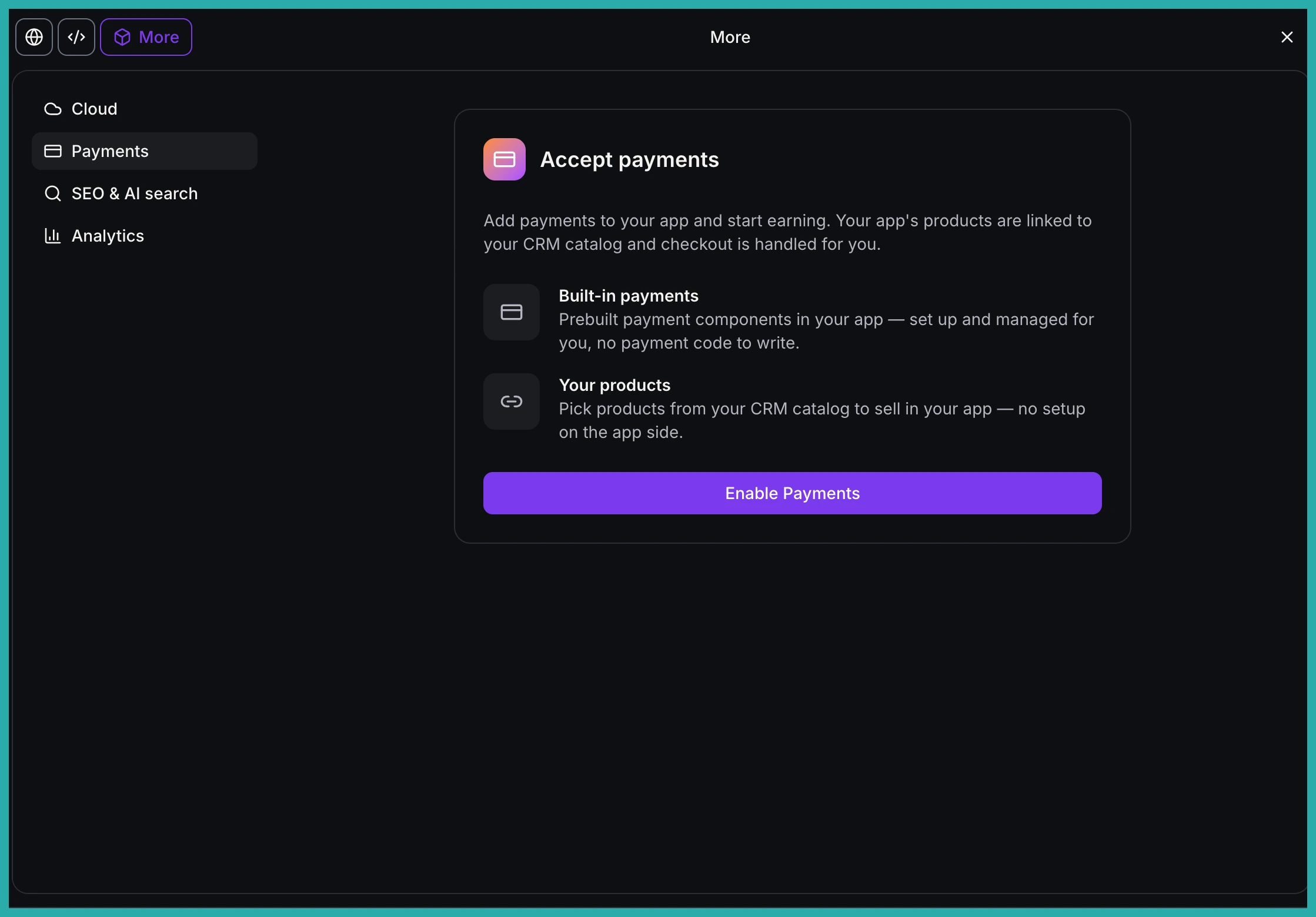 AI Studio Payments settings tab with products connected and a hosted checkout