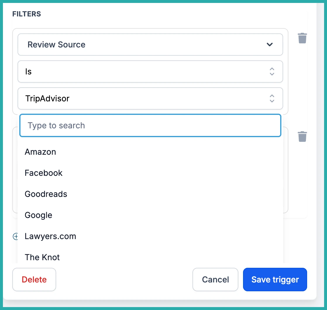 Workflow trigger settings showing the New Review Received trigger with all connected review platforms listed as sources