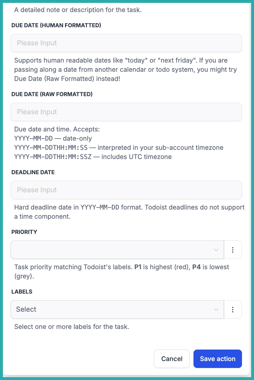 ESC Hub Workflow Builder showing the Todoist integration triggers and actions