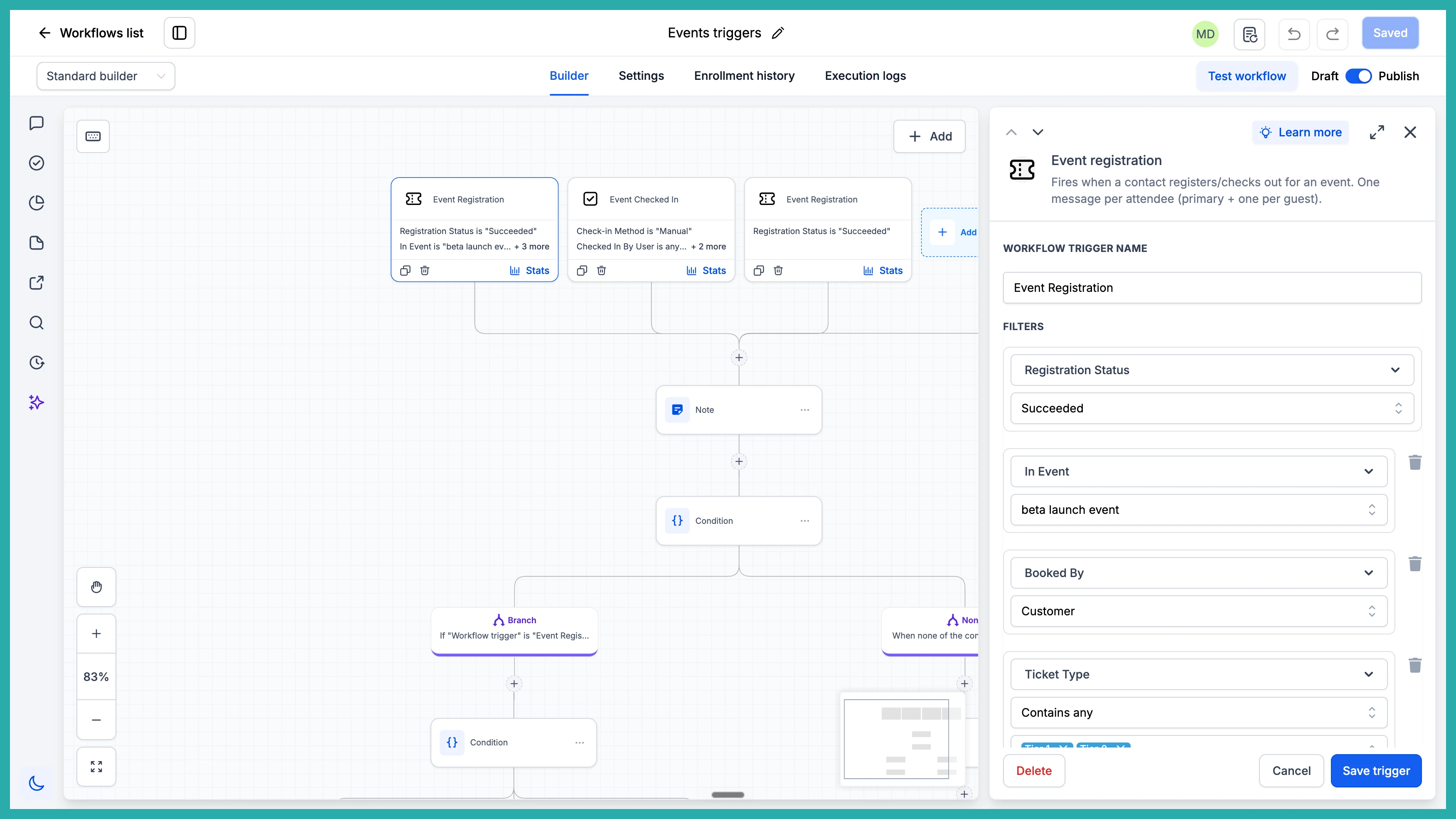 ESC Hub Events dashboard showing event creation, ticketing, and attendee check-in