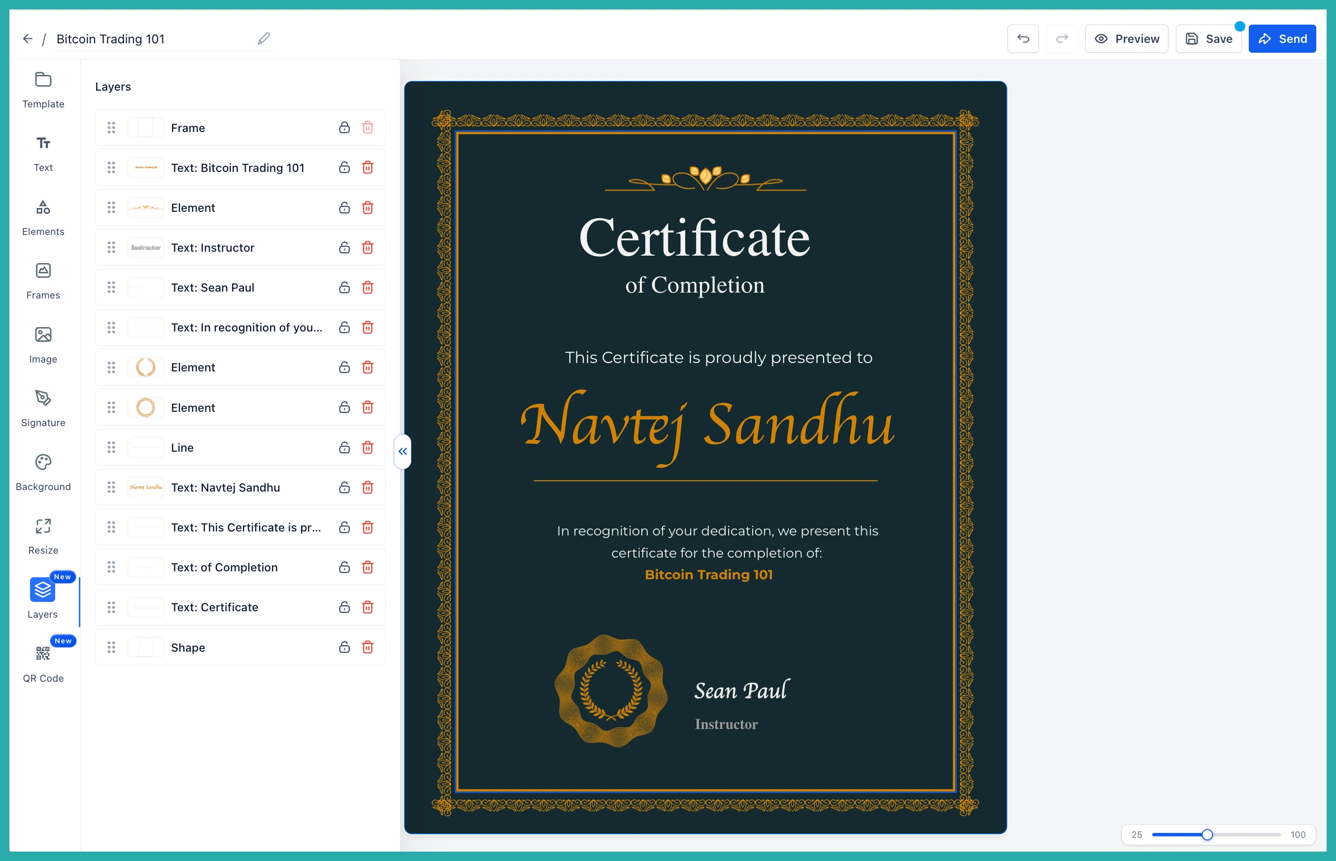 ESC Hub Certificate and Badge Builder showing the new Layers tab in the sidebar with stacked elements