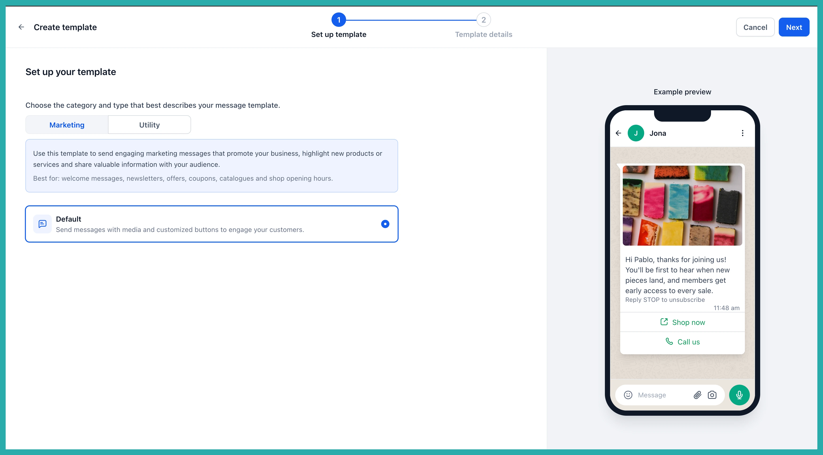 Rebuilt ESC Hub WhatsApp template builder showing a live phone preview alongside the editing fields