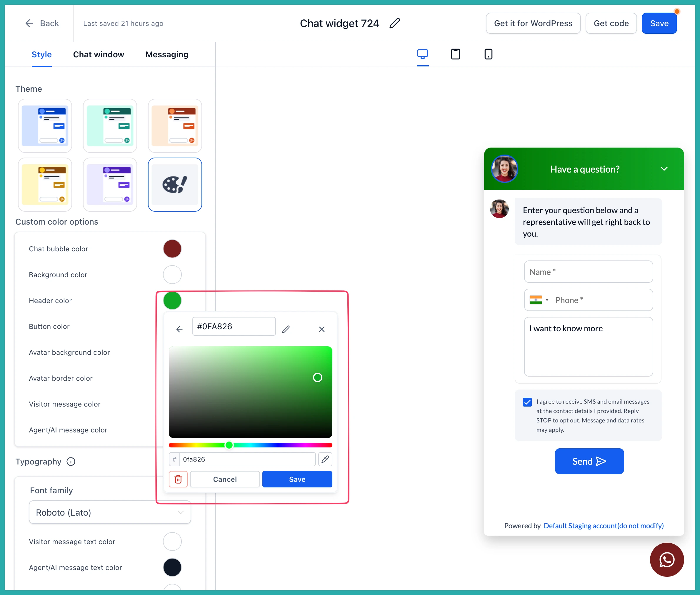 ESC Hub Chat Widget Styles panel showing Brand Colours and Default palette in the colour picker