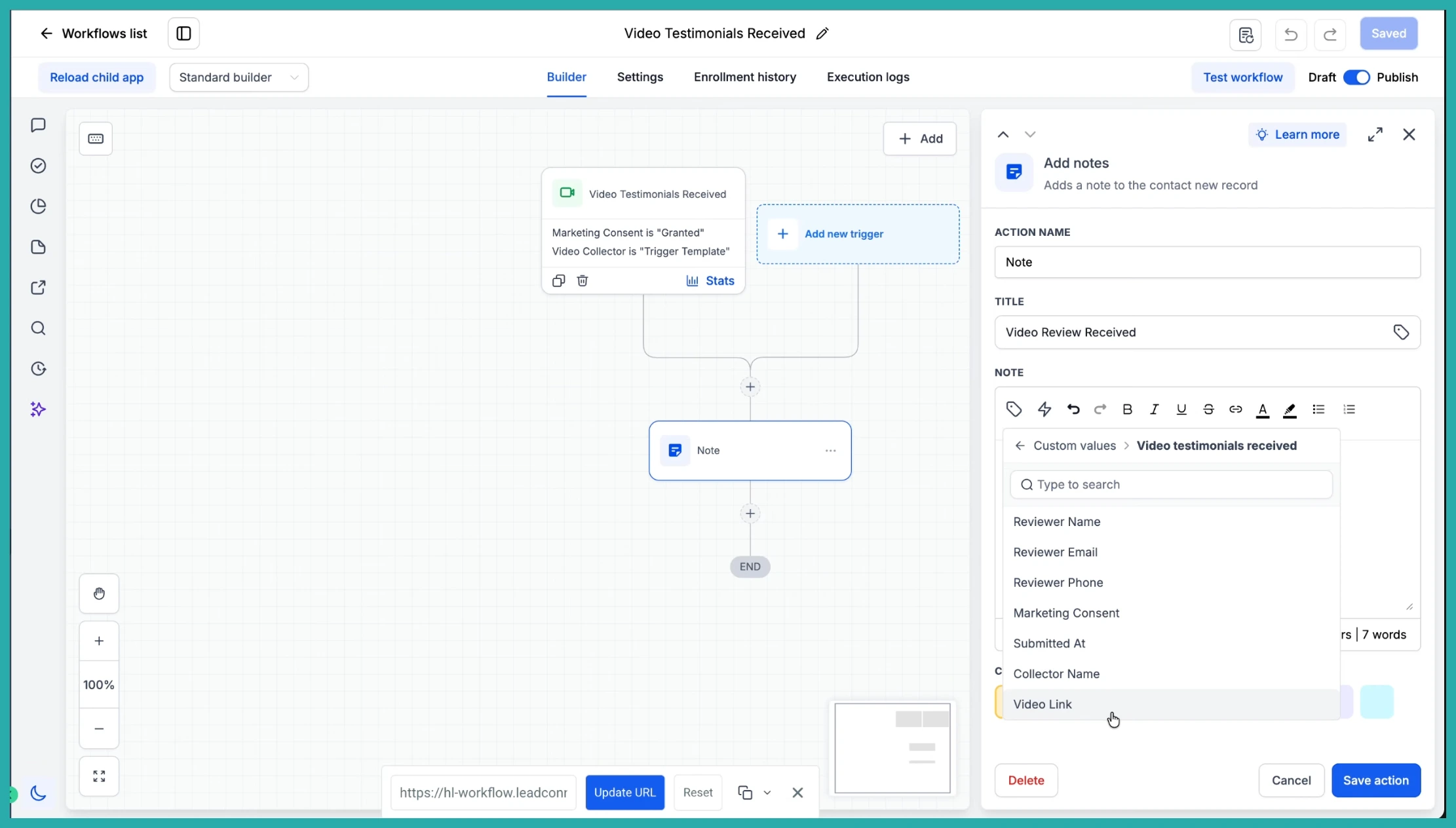 ESC Hub Reputation Management video testimonial workflow trigger and widget approval settings