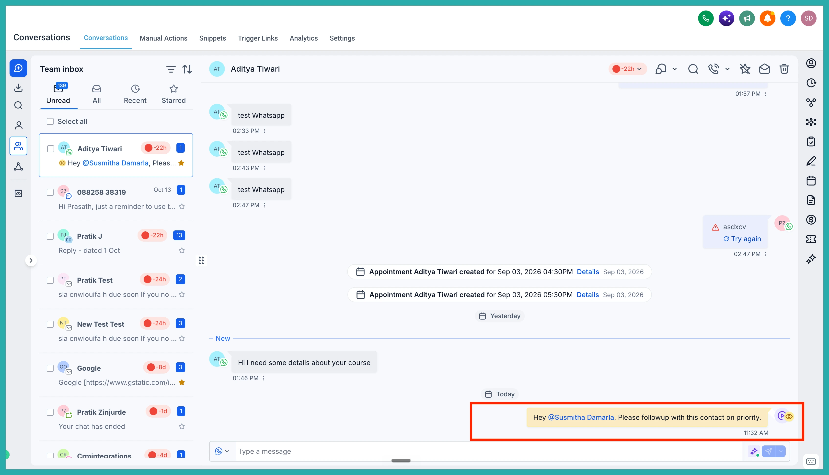 ESC Hub workflow builder showing the Add Internal Comment action with a comment field and team member mention
