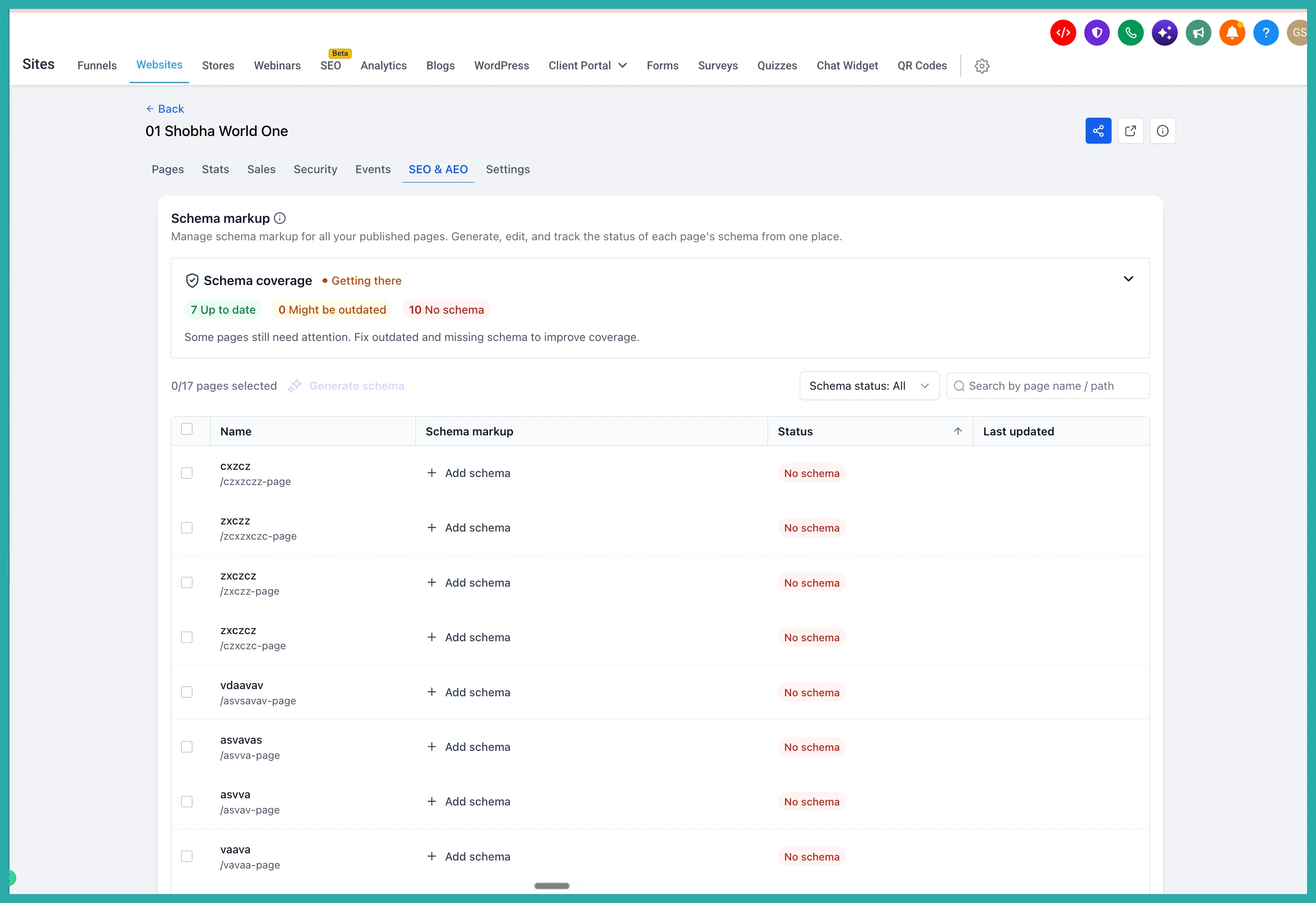 ESC Hub SEO and AEO tab showing the schema coverage dashboard for a website