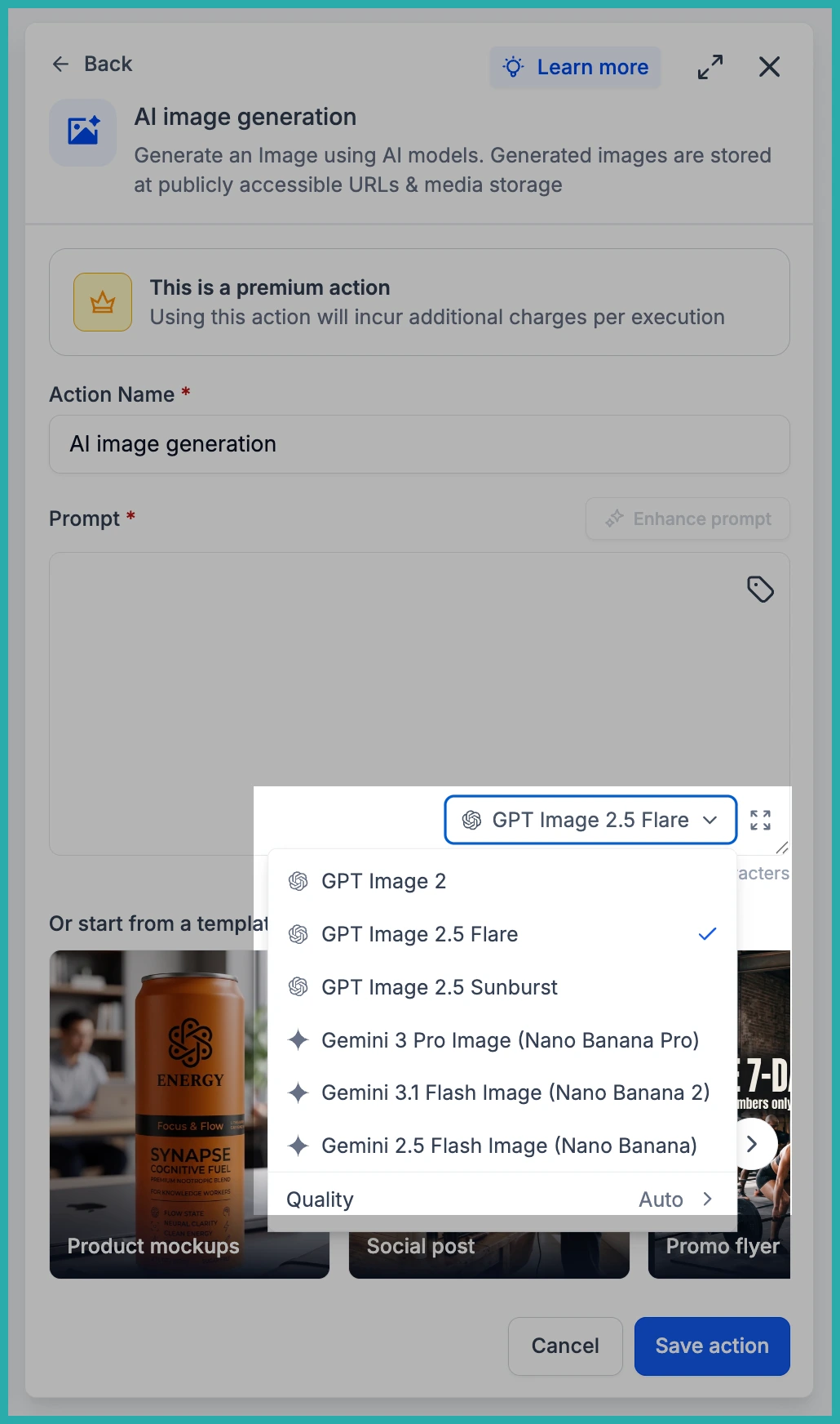 AI Image Generation action in ESC Hub workflow with the model dropdown showing GPT Image 2.5 Flare and Sunburst options
