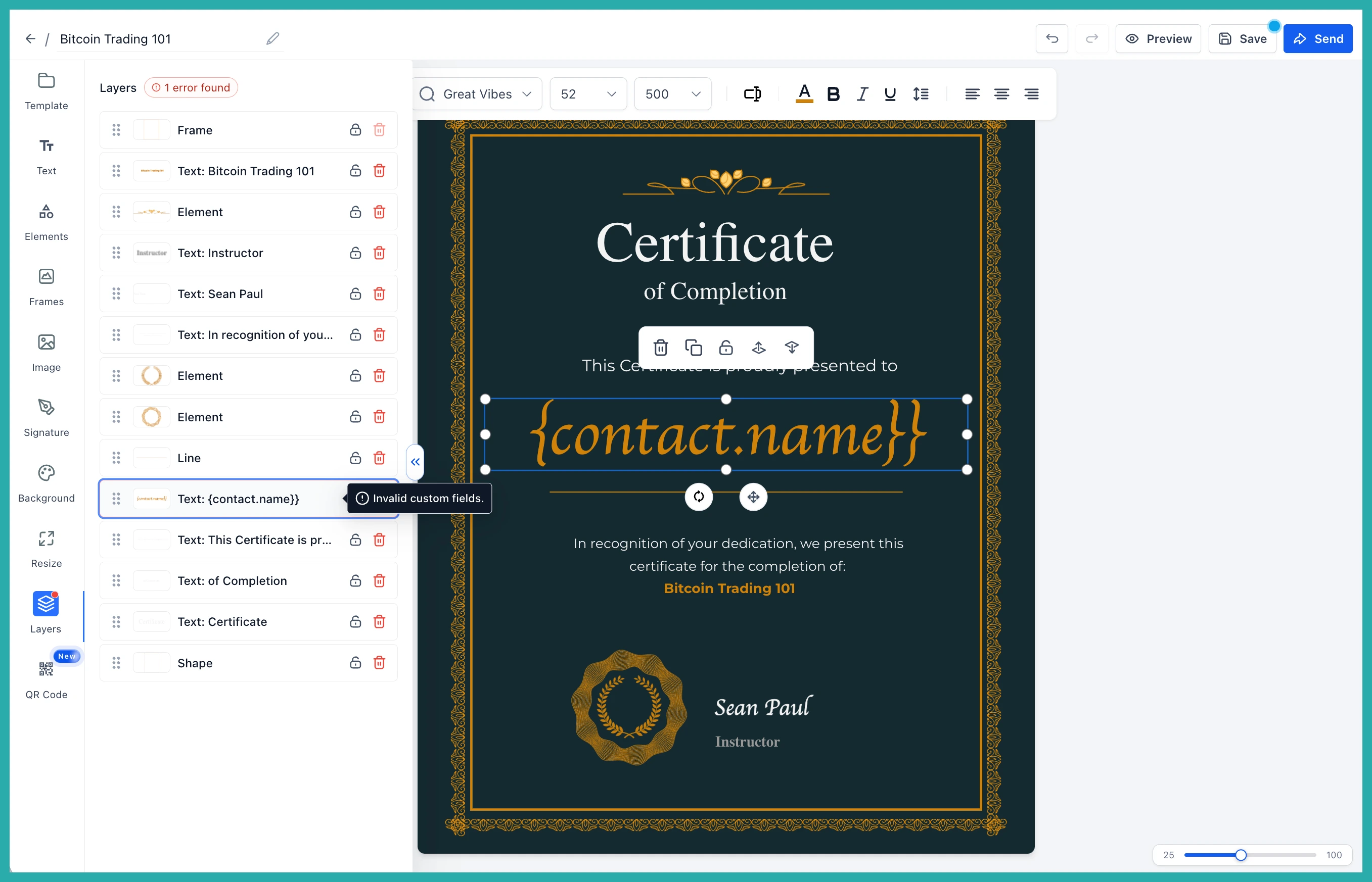 ESC Hub Certificate and Badge Builder showing the new Layers tab in the sidebar with stacked elements