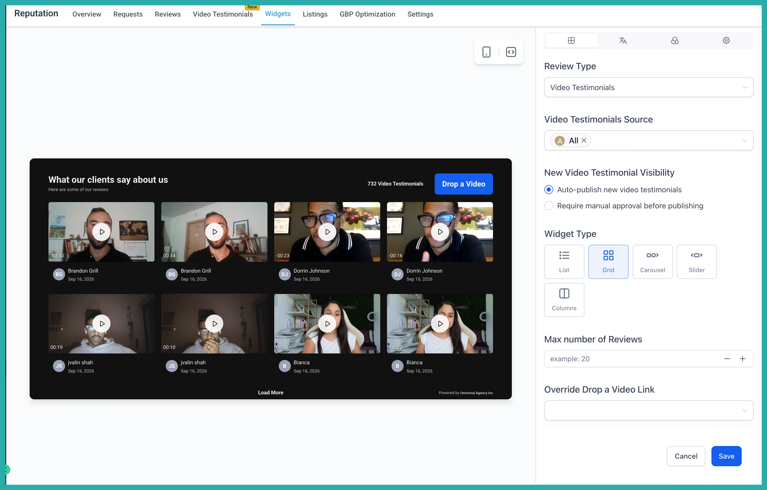 ESC Hub Reputation Management video testimonial workflow trigger and widget approval settings