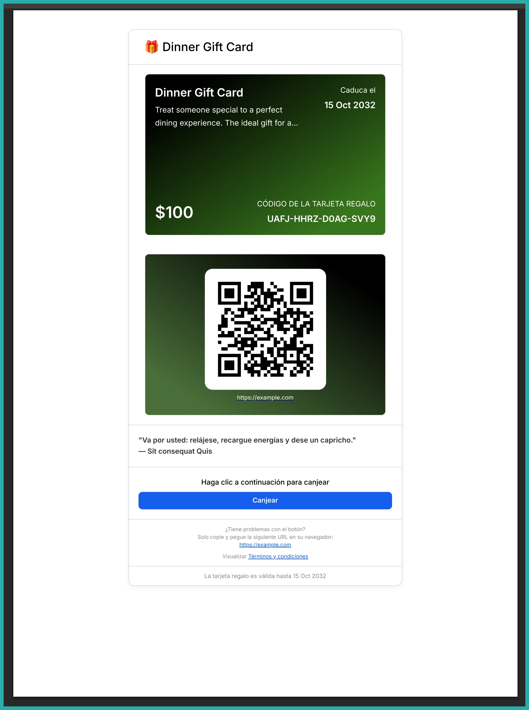ESC Hub gift card send flow showing a localized communication preview