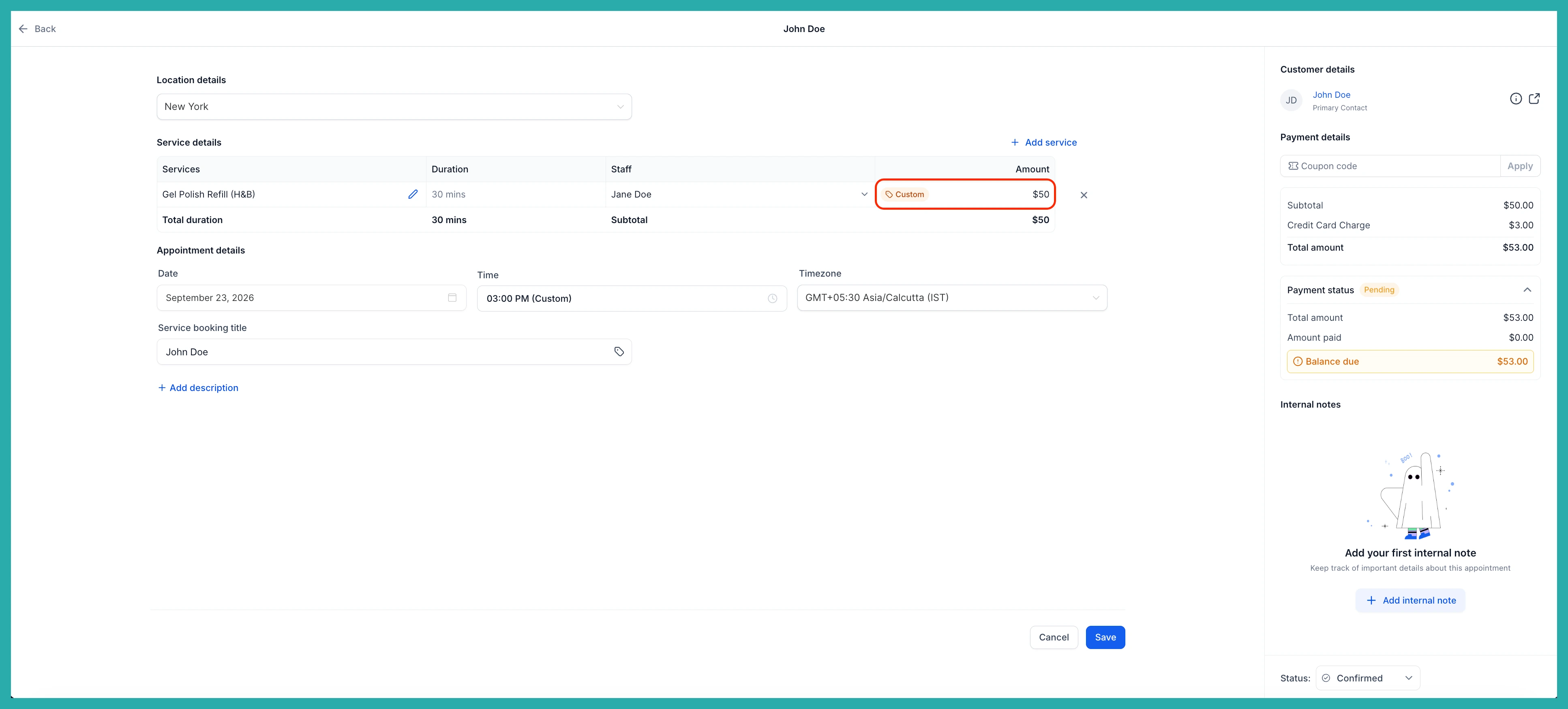 ESC Hub service appointment modal showing an editable price field with a Custom tag next to the amount