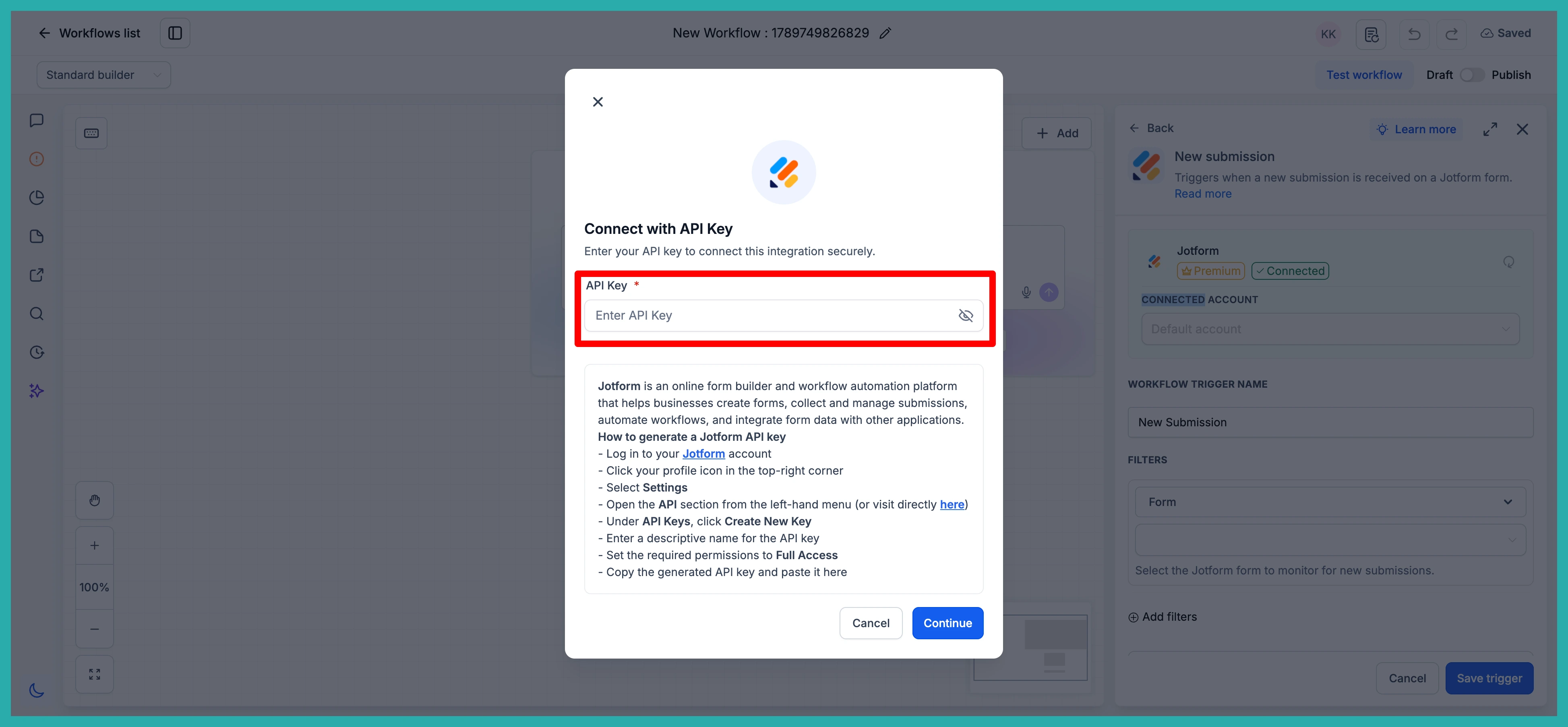 ESC Hub Workflow Builder showing Jotform triggers and actions being connected and mapped