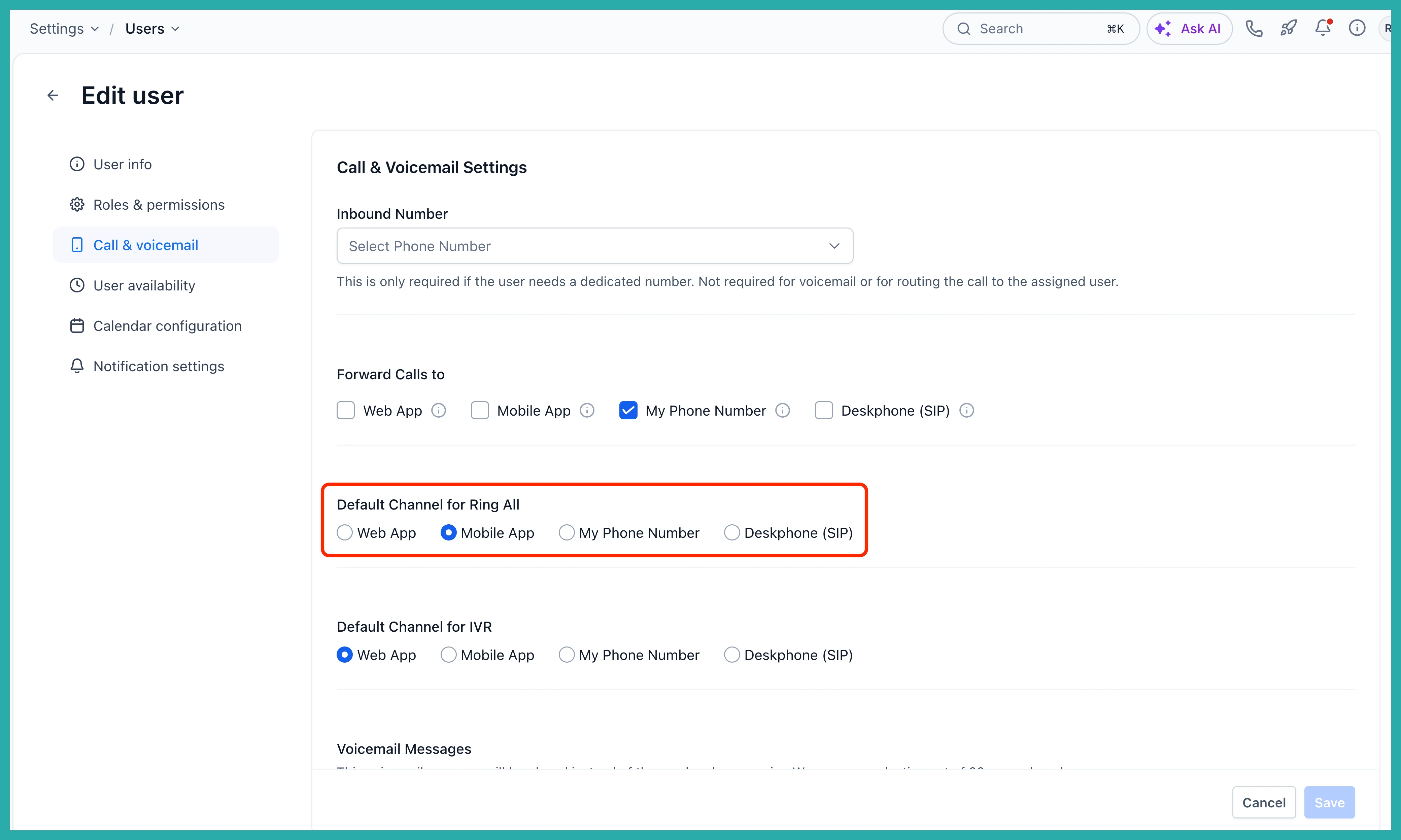 ESC Hub number pool settings showing the option to ring incoming calls to selected users