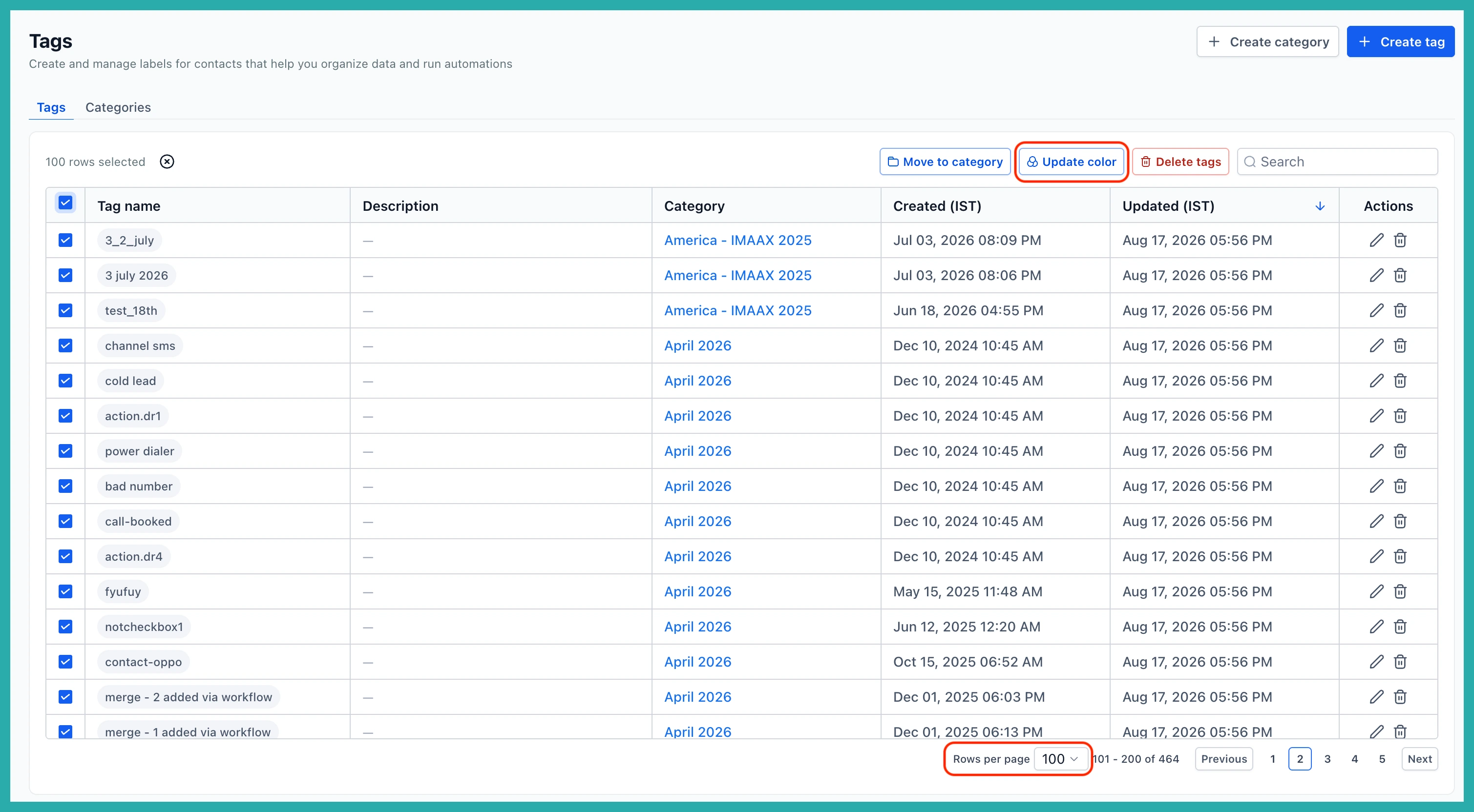 Tags management page showing multiple tags selected with a bulk colour update option