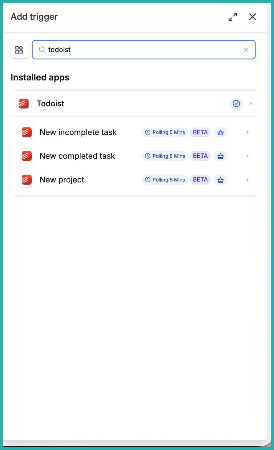ESC Hub Workflow Builder showing the Todoist integration triggers and actions