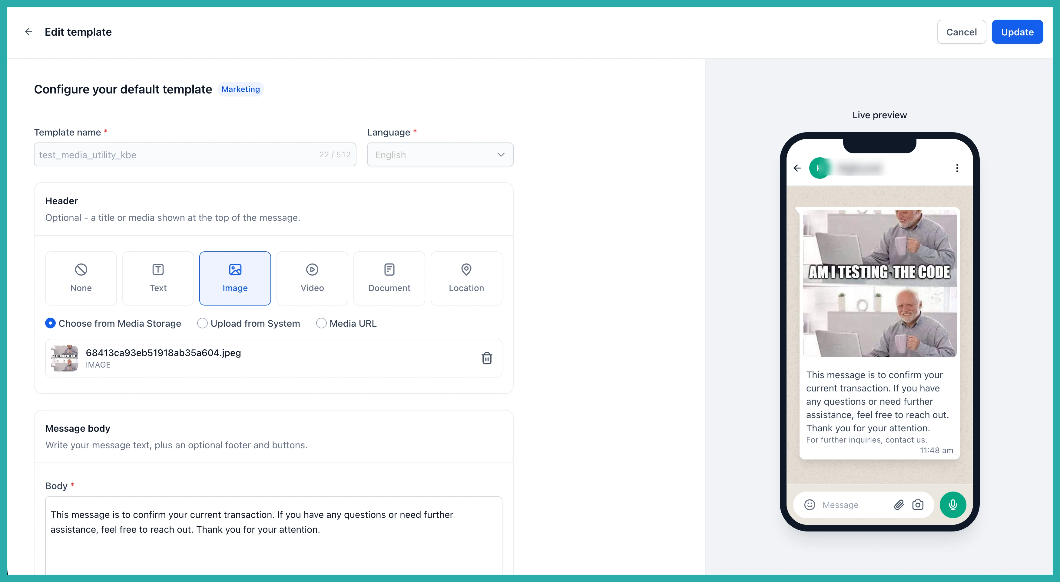 Rebuilt ESC Hub WhatsApp template builder showing a live phone preview alongside the editing fields