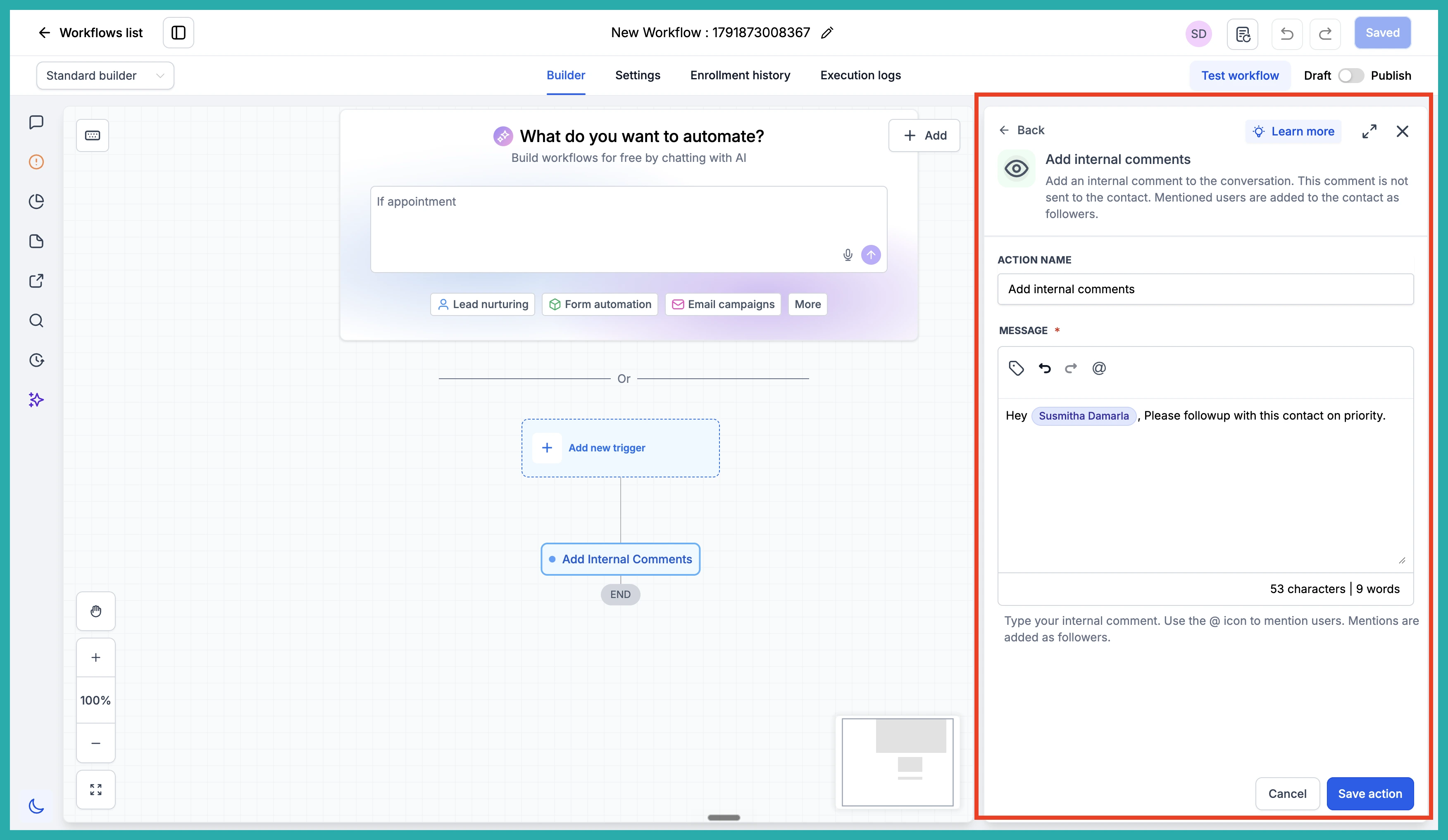 ESC Hub workflow builder showing the Add Internal Comment action with a comment field and team member mention