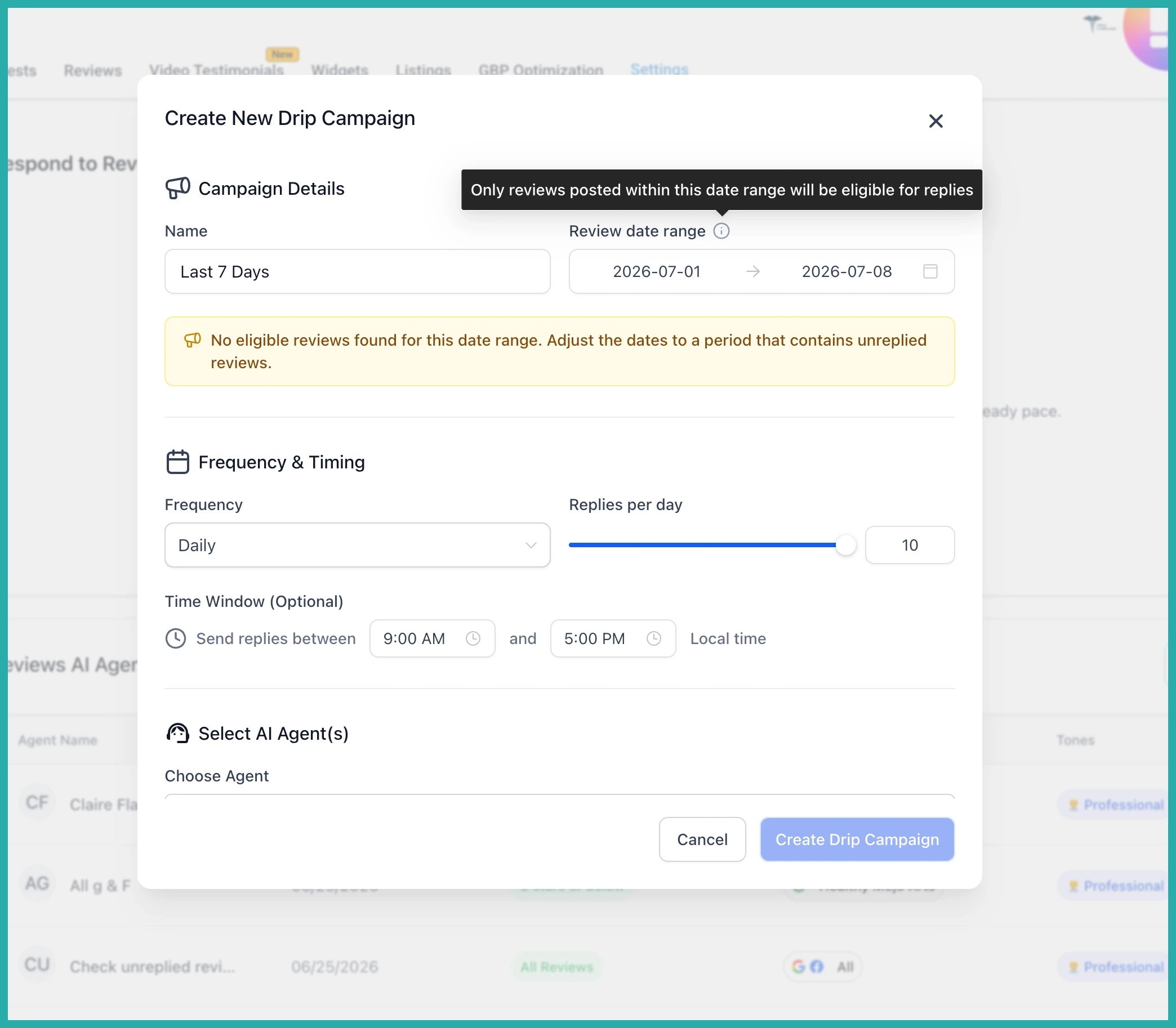 ESC Hub Reviews AI drip campaign setup showing a review date range and eligible review count