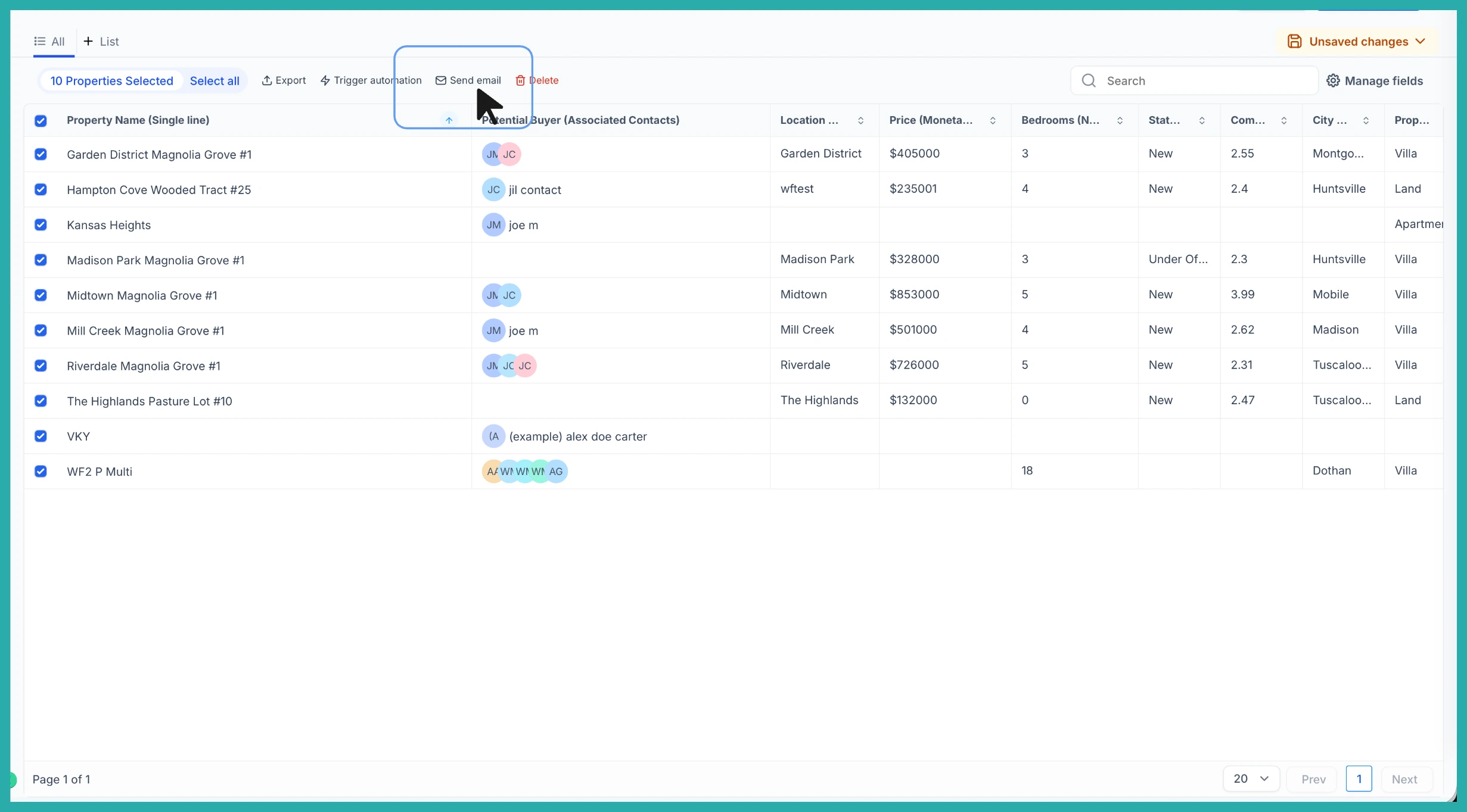 ESC Hub Companies list view showing the Send email bulk action for associated contacts