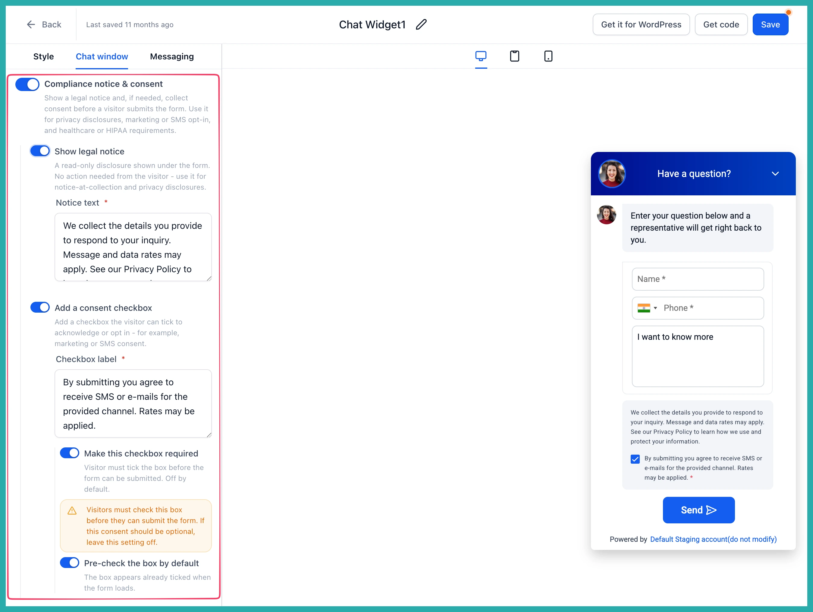 ESC Hub Chat Widget Compliance notice and consent settings with legal notice and consent checkbox options