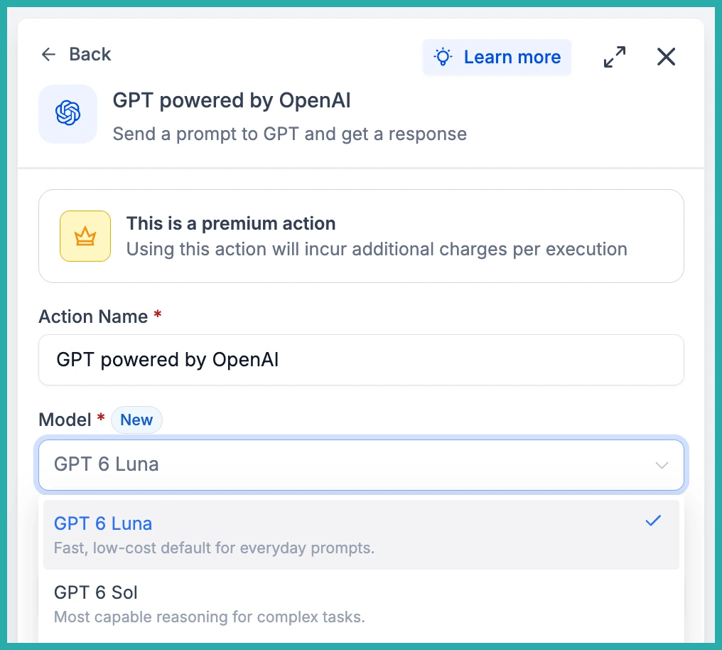 Model dropdown in an ESC Hub AI Agent action showing GPT-6 Sol and GPT-6 Luna options