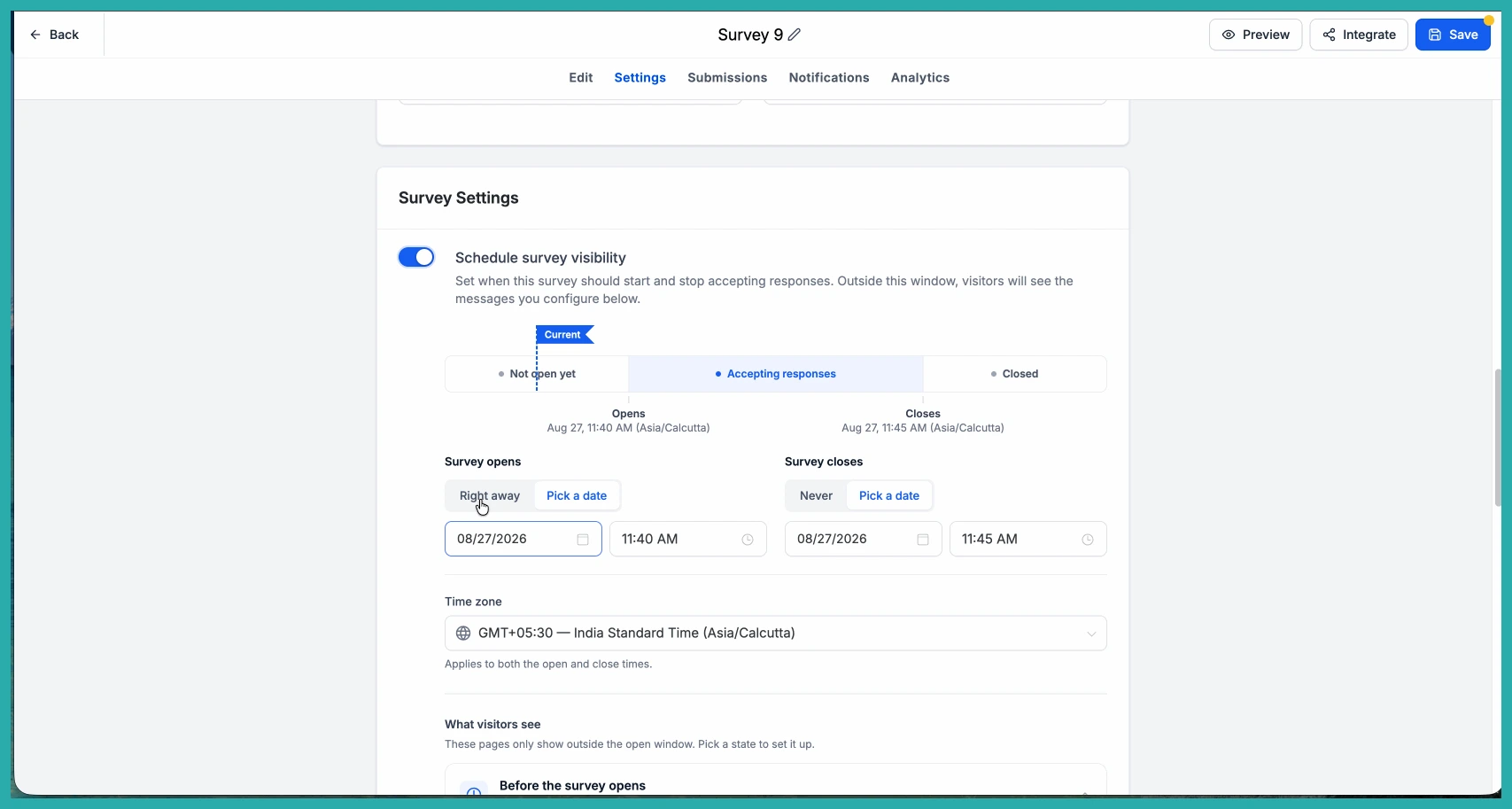 ESC Hub form settings showing the Schedule visibility option with open and close dates
