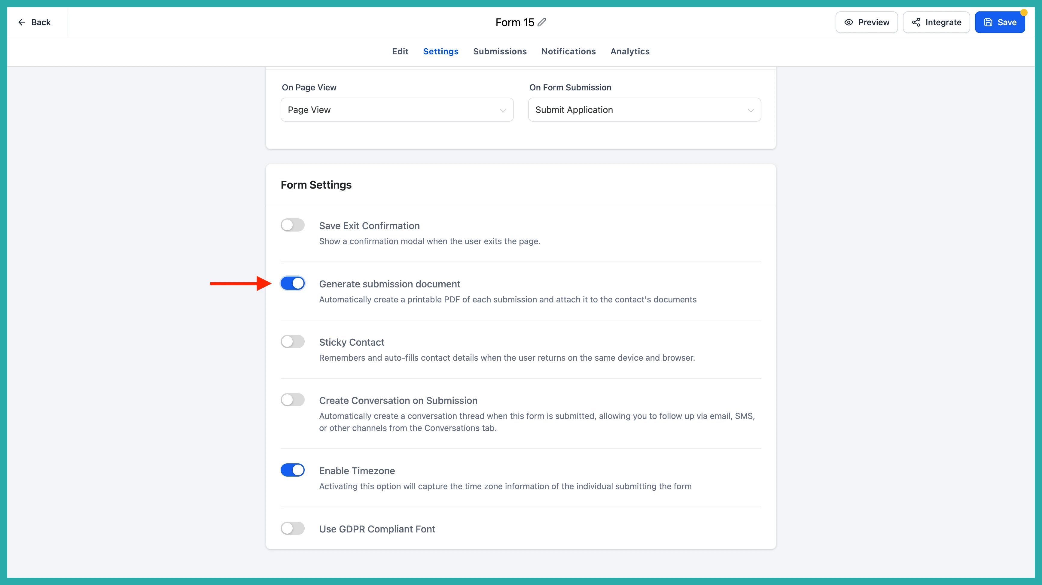 ESC Hub Generate submission document toggle in the form settings panel