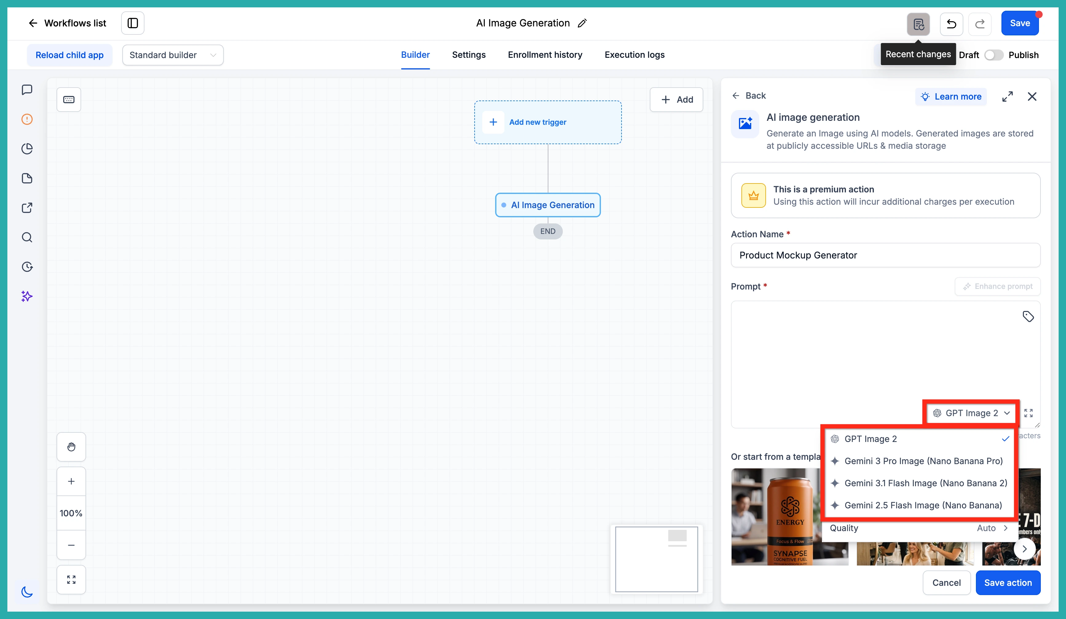 AI Image Generation action being set up inside an ESC Hub workflow