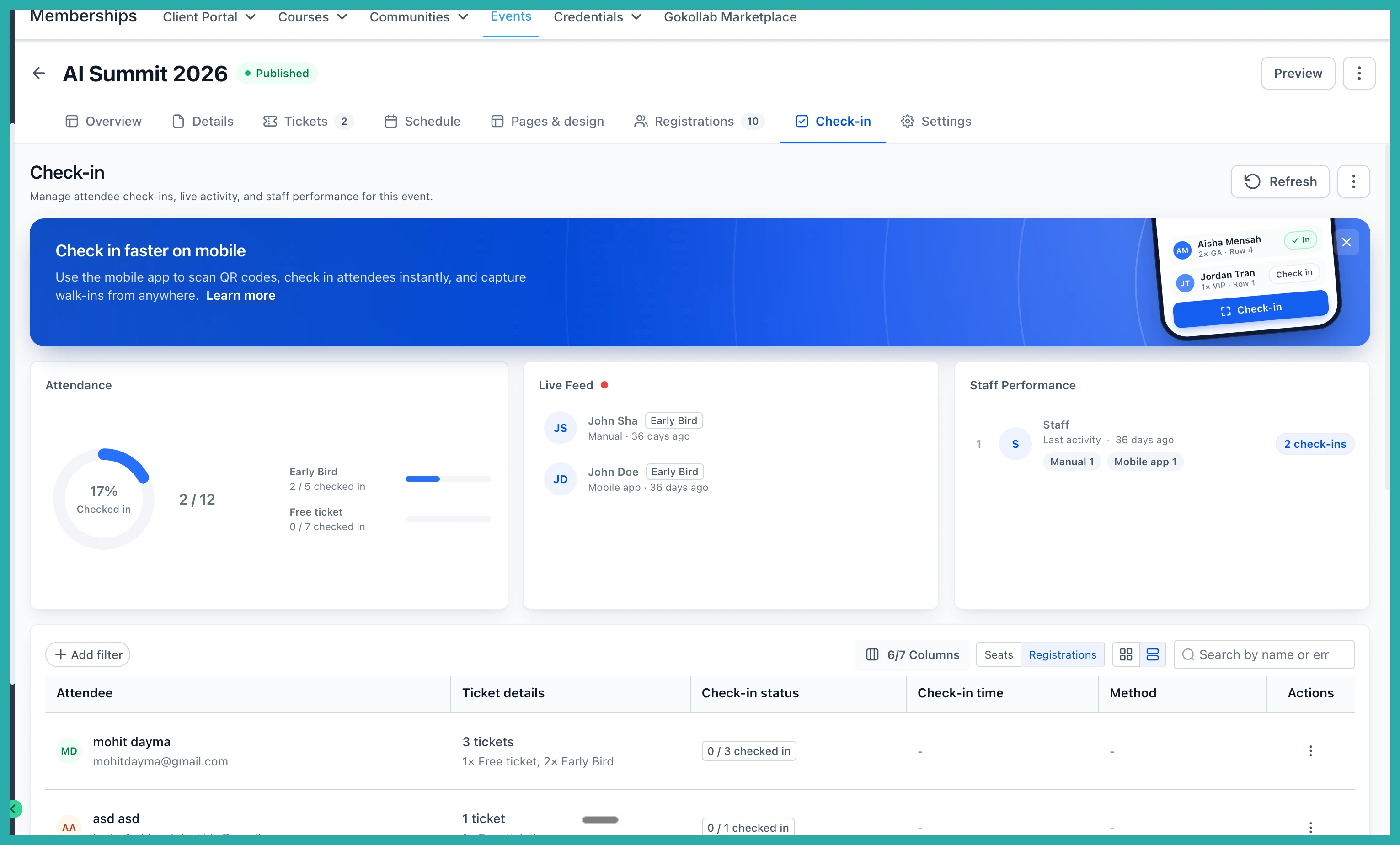 ESC Hub Events dashboard showing event creation, ticketing, and attendee check-in