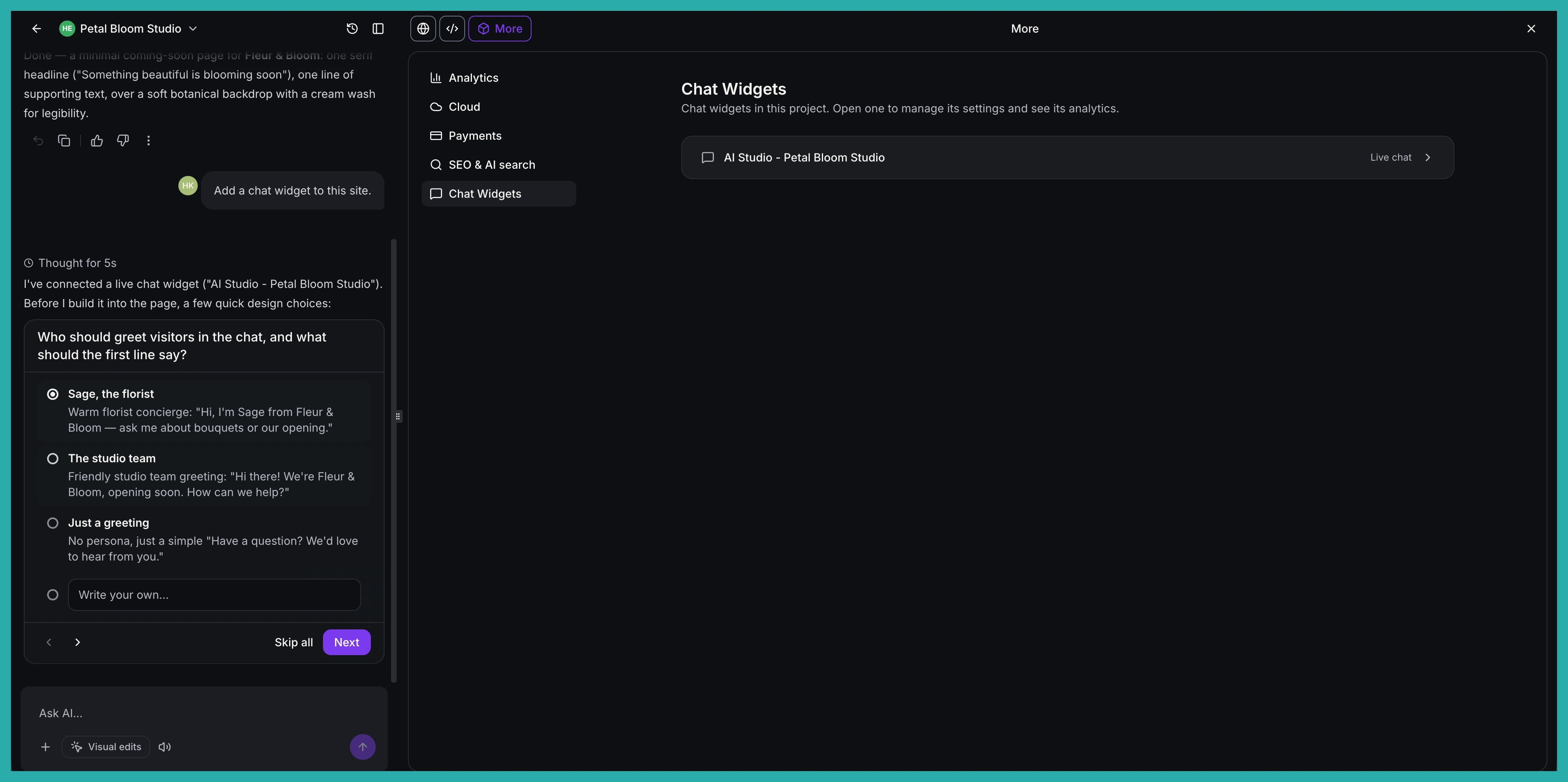 AI Studio showing a chat widget built into an app that matches the site design