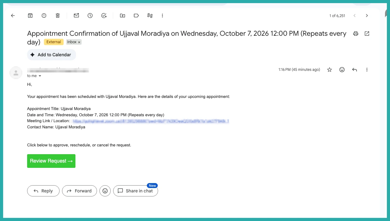 ESC Hub calendar notification showing a recurring appointment with its recurrence pattern and date