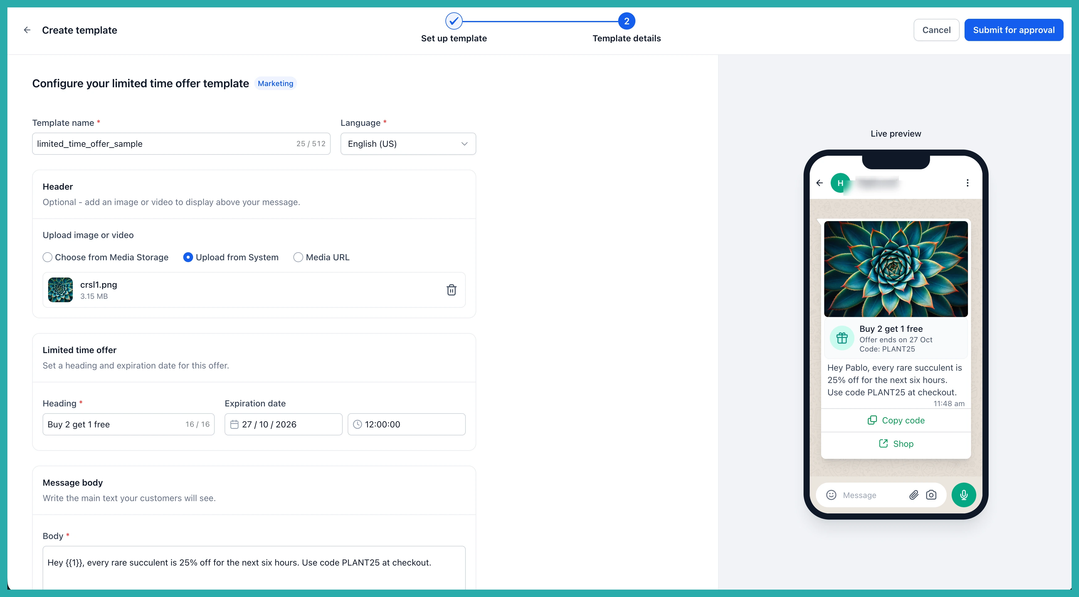 ESC Hub WhatsApp limited time offer template showing a countdown clock, discount code, and copy and buy buttons in a customer chat