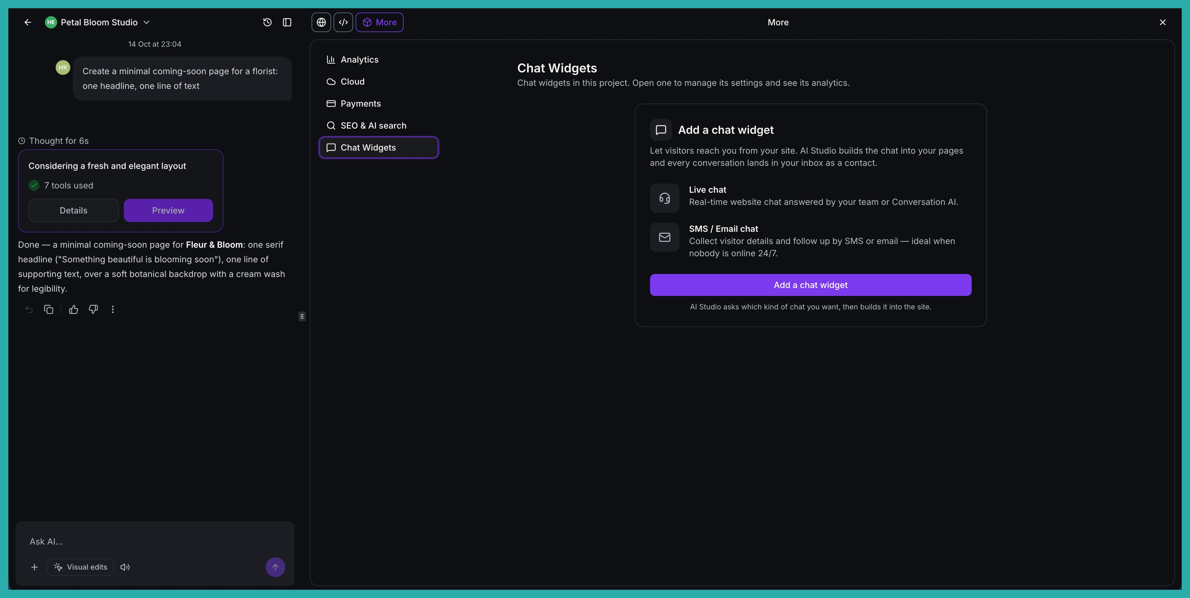 AI Studio showing a chat widget built into an app that matches the site design
