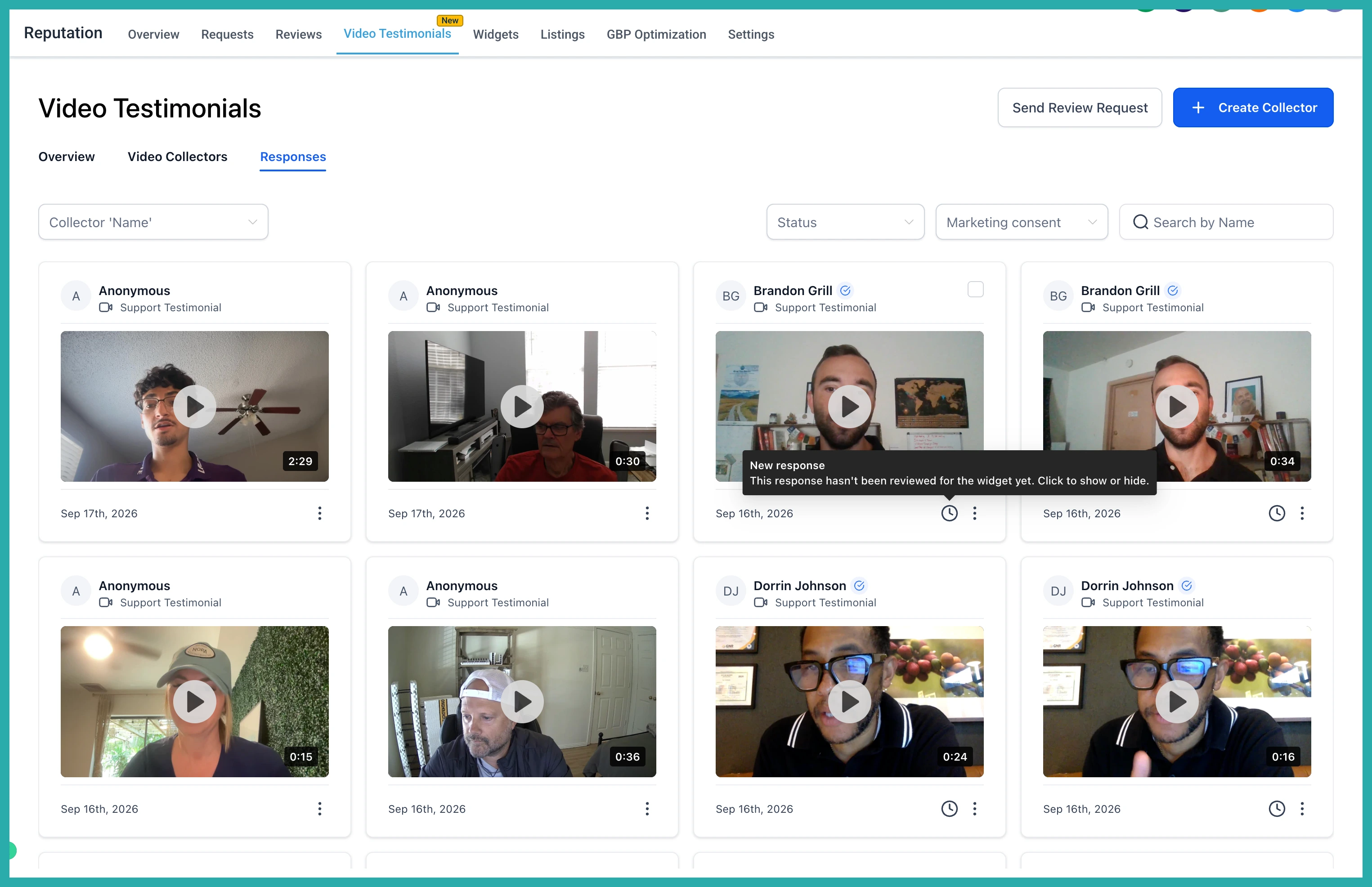 ESC Hub Reputation Management video testimonial workflow trigger and widget approval settings