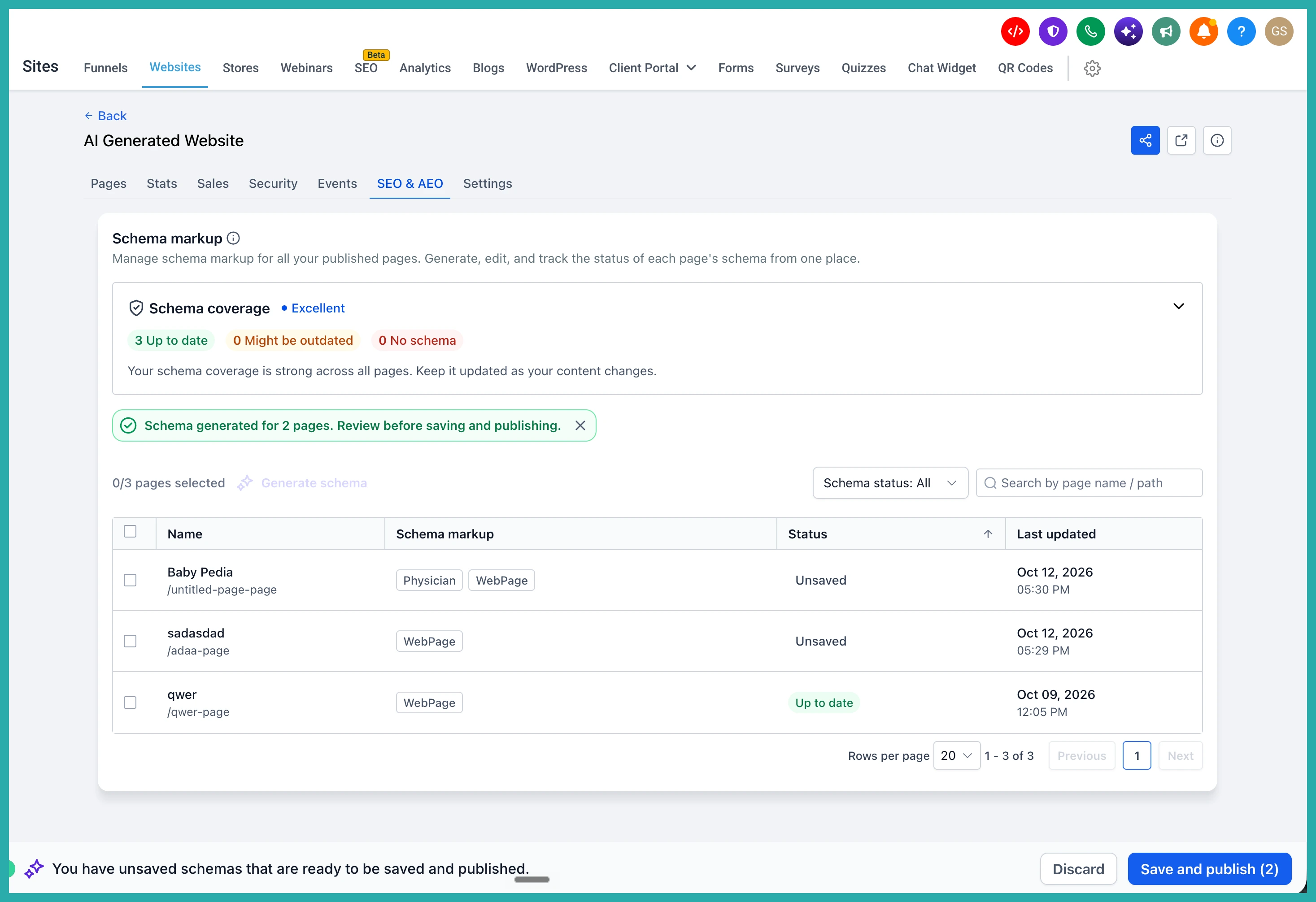 ESC Hub SEO and AEO tab showing the schema coverage dashboard for a website