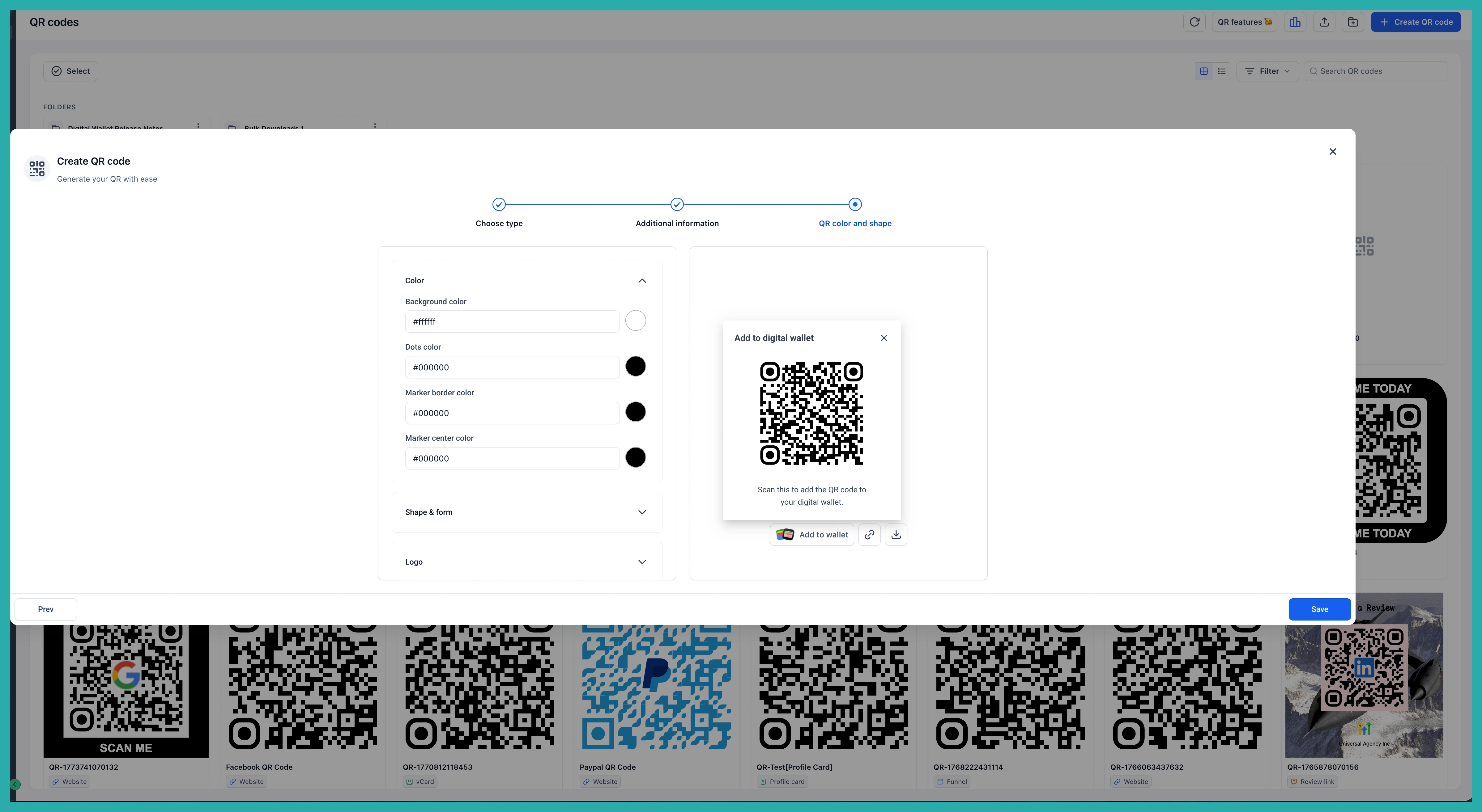 ESC Hub QR Code Builder showing the option to save a QR code to Apple or Google Wallet