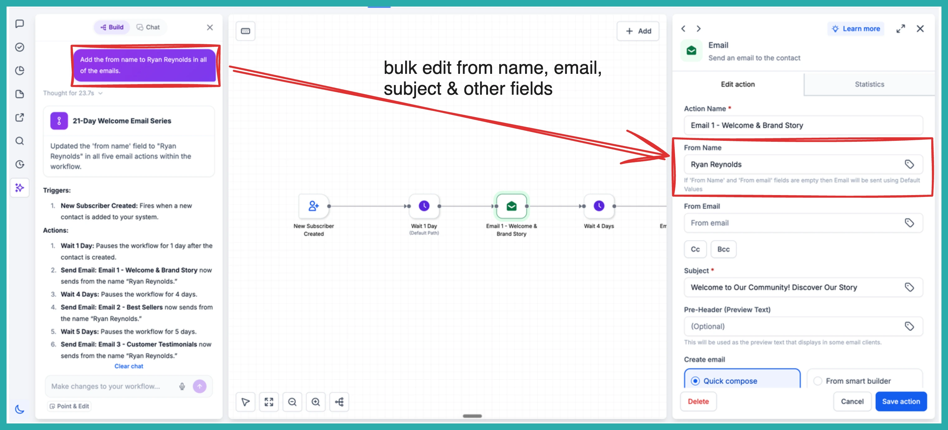ESC Hub AI Builder assistant applying a targeted edit across selected workflow actions