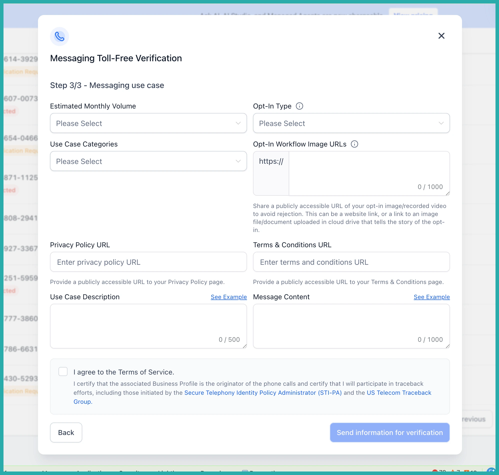 Toll-free verification Step 3 showing new Privacy Policy URL and Terms and Conditions URL fields