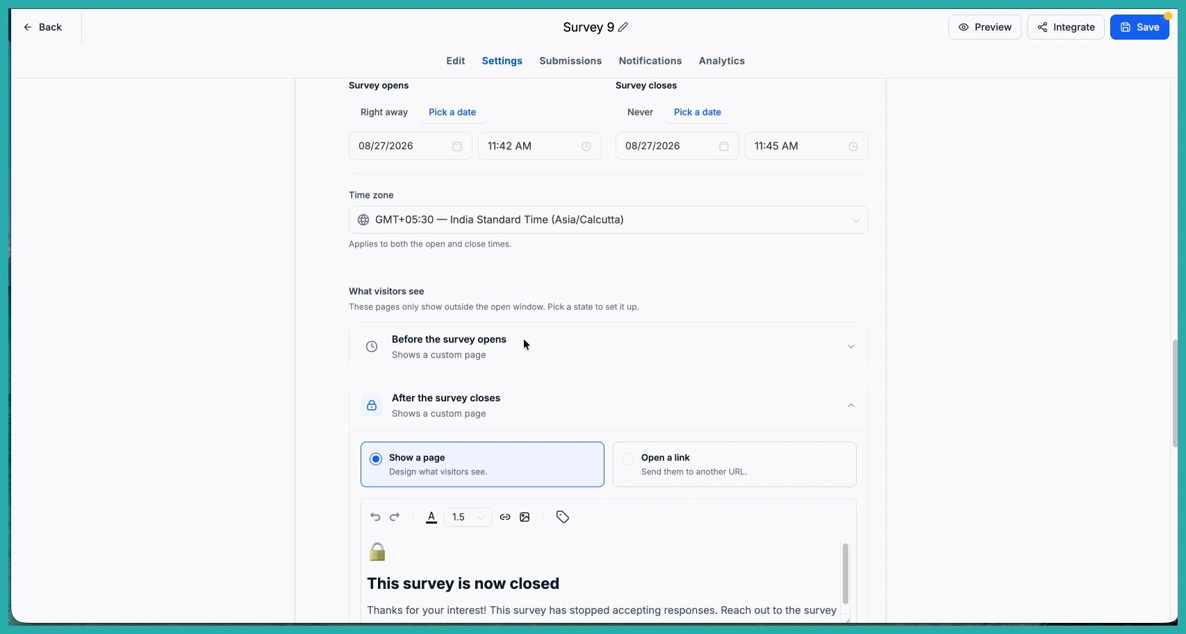 ESC Hub form settings showing the Schedule visibility option with open and close dates