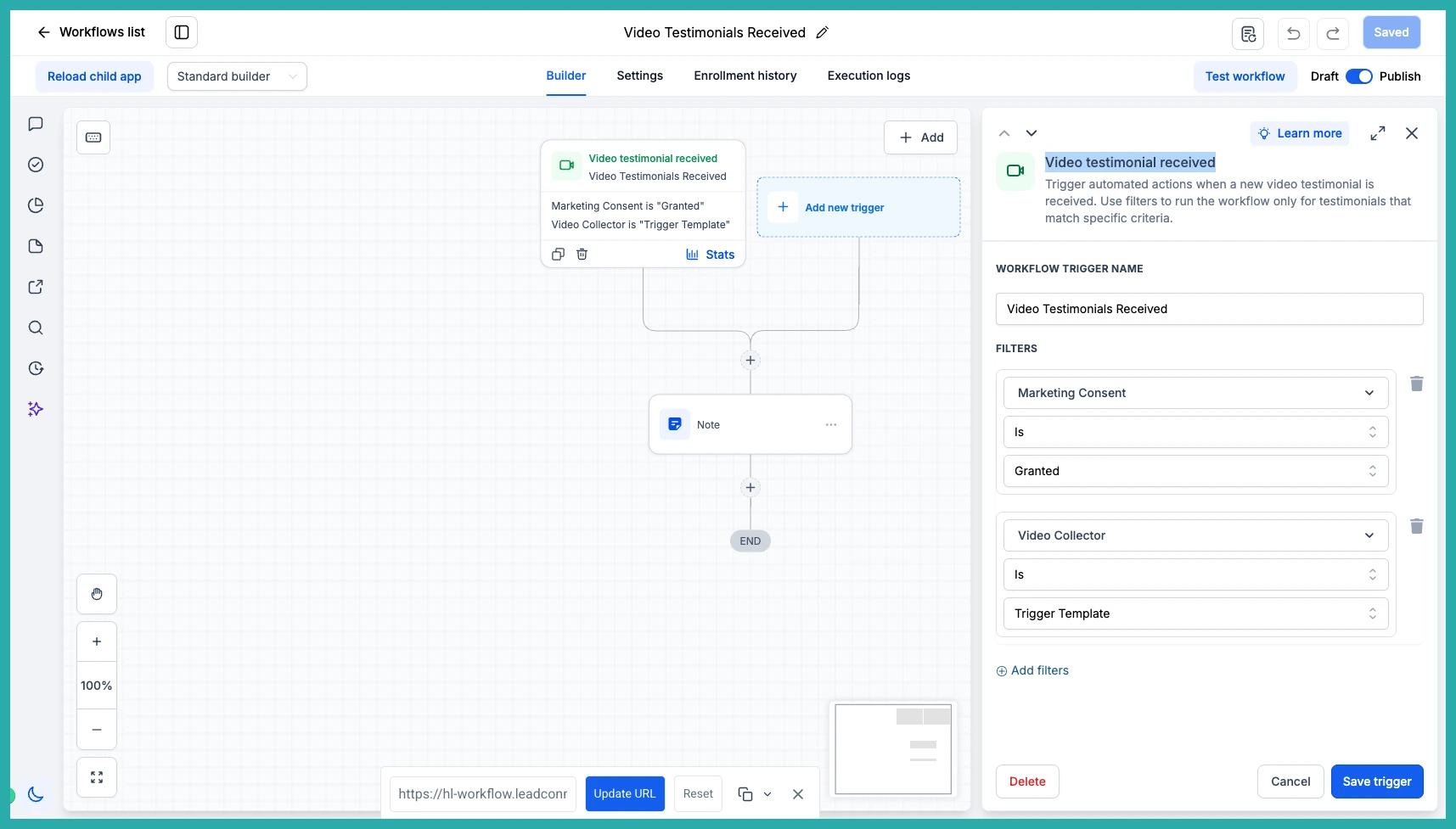 ESC Hub Reputation Management video testimonial workflow trigger and widget approval settings