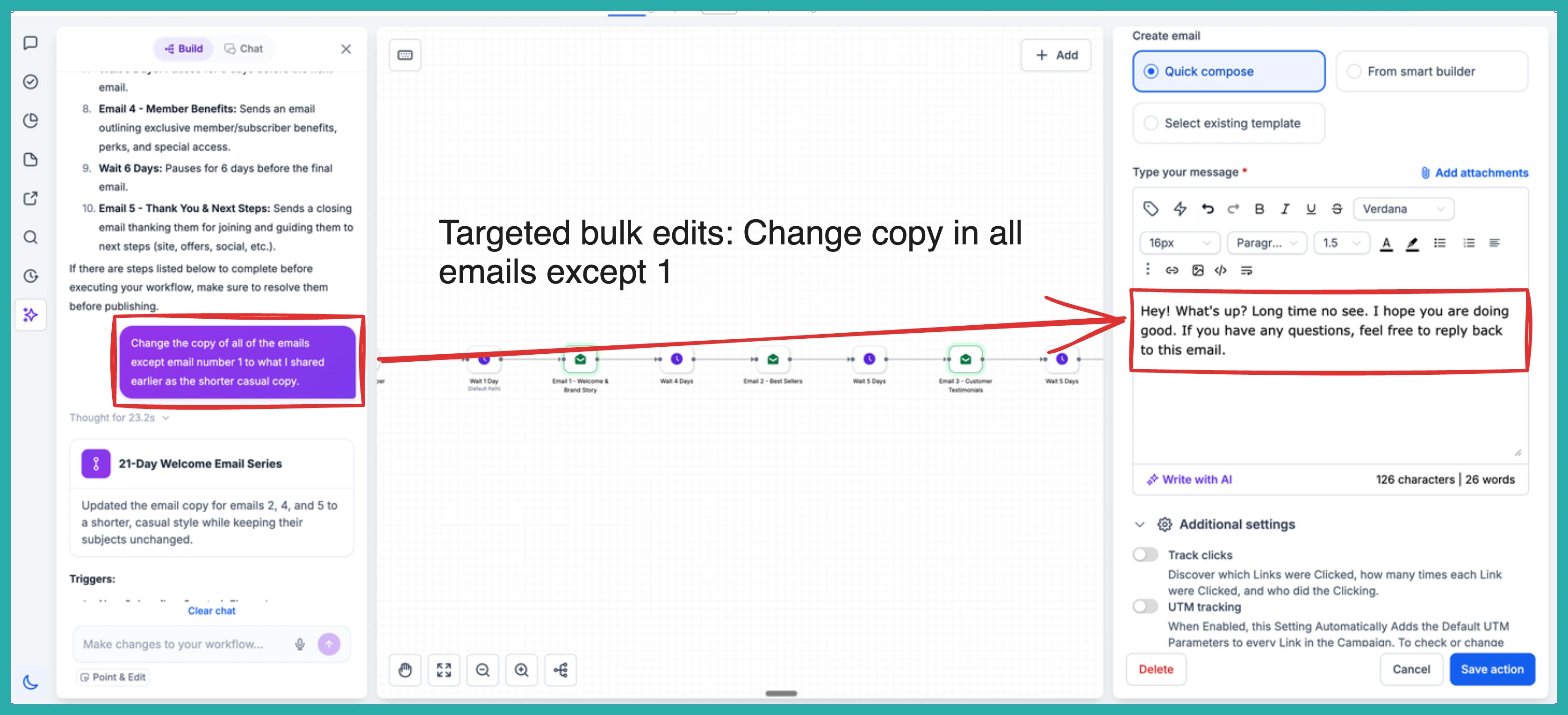 ESC Hub AI Builder assistant applying a targeted edit across selected workflow actions