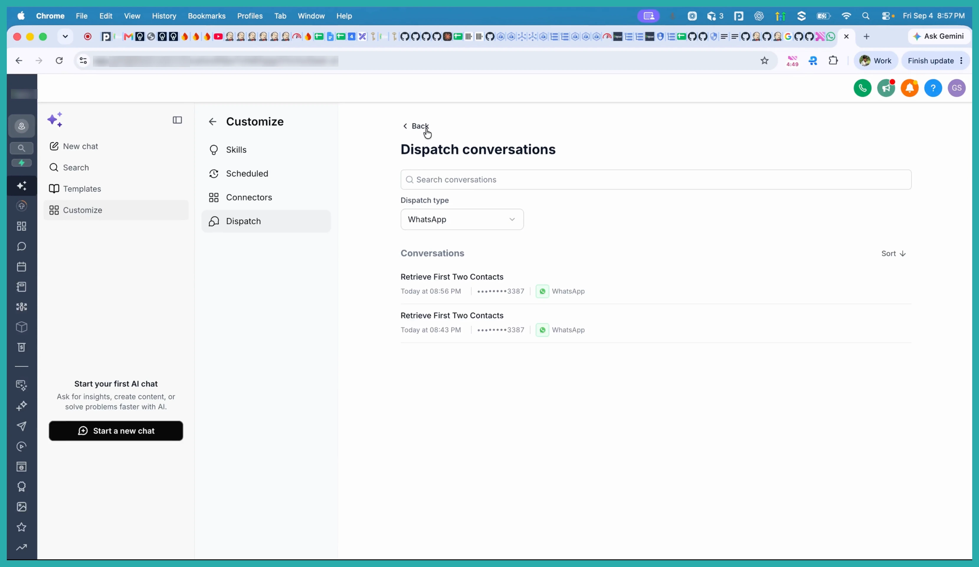 ESC Hub Dispatch tab showing the Connect WhatsApp option and QR code setup
