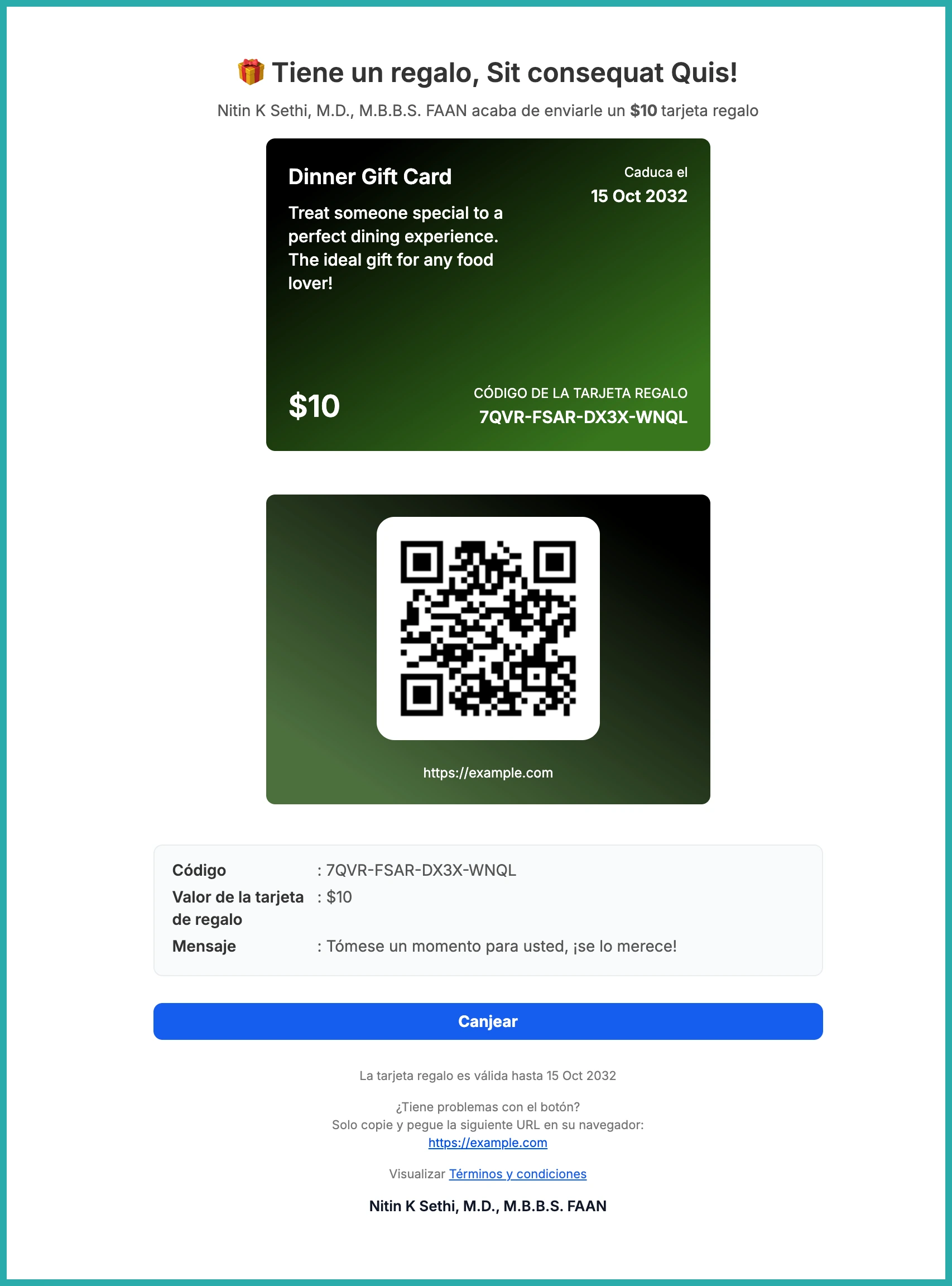 ESC Hub gift card send flow showing a localized communication preview