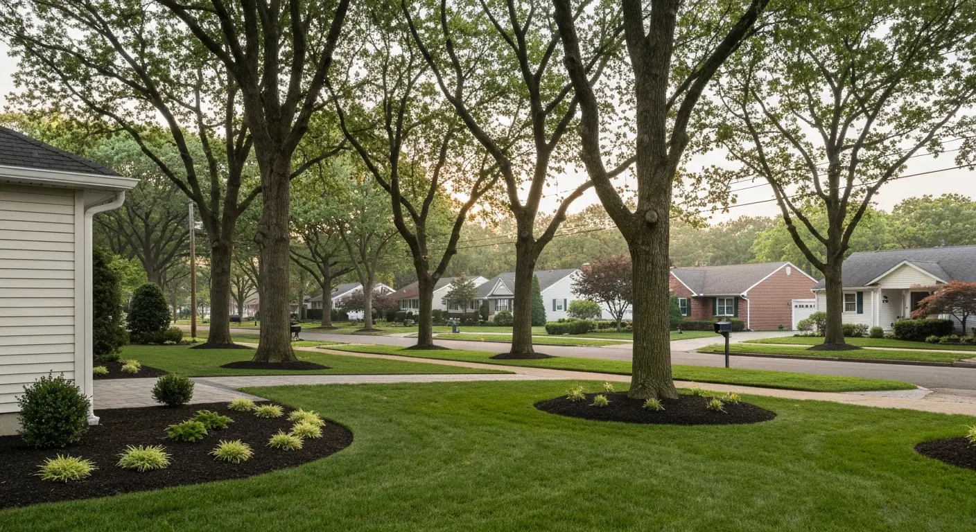 Dix Hills neighborhood street with mature trees
