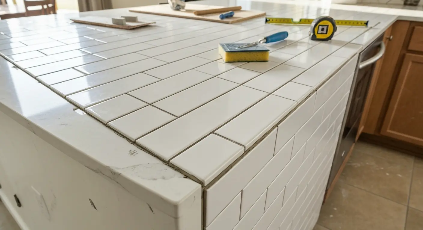 Backsplash tile installation on kitchen island