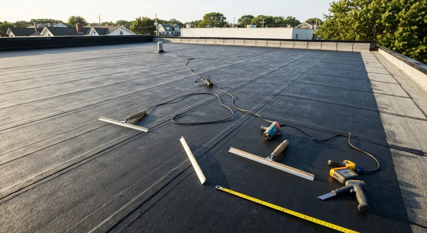 Modified bitumen flat roof application in Lindenhurst