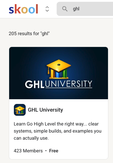 #1 GHL search result on Skool