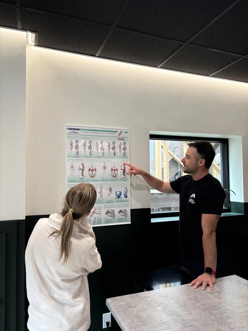 Dr. Steve Martinow explaining a recovery plan at an anatomy poster at Achieve Movement Health Clinic in Simcoe, Ontario