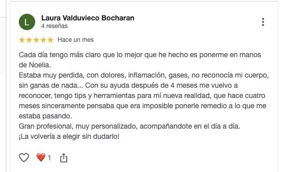 Reseña de Google de Laura Valduvieco Bocharan sobre el trato profesional y personalizado de Noelia