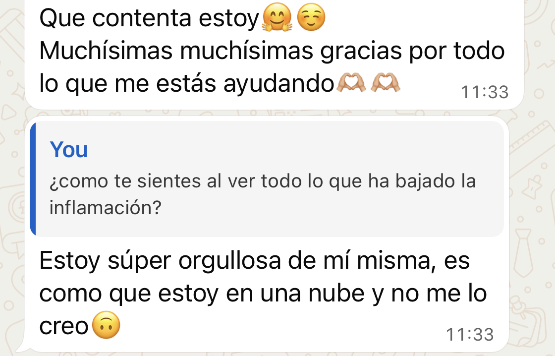 Conversación de WhatsApp de una clienta agradeciendo la ayuda con la inflamación
